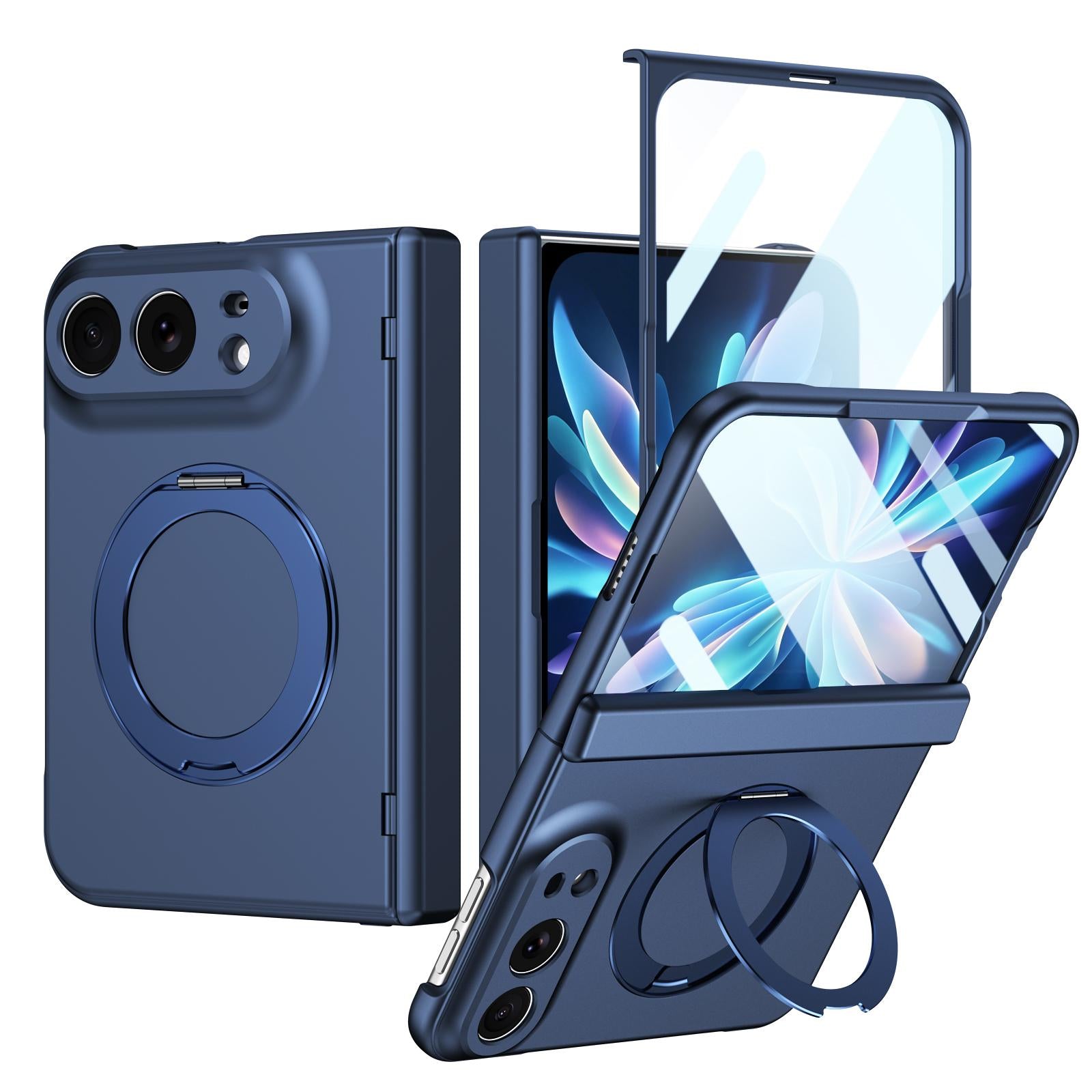 Compatible with iPhone Duo Rotation Magnetic Ring Holder Hinge Integrated Film Phone Case - Blue