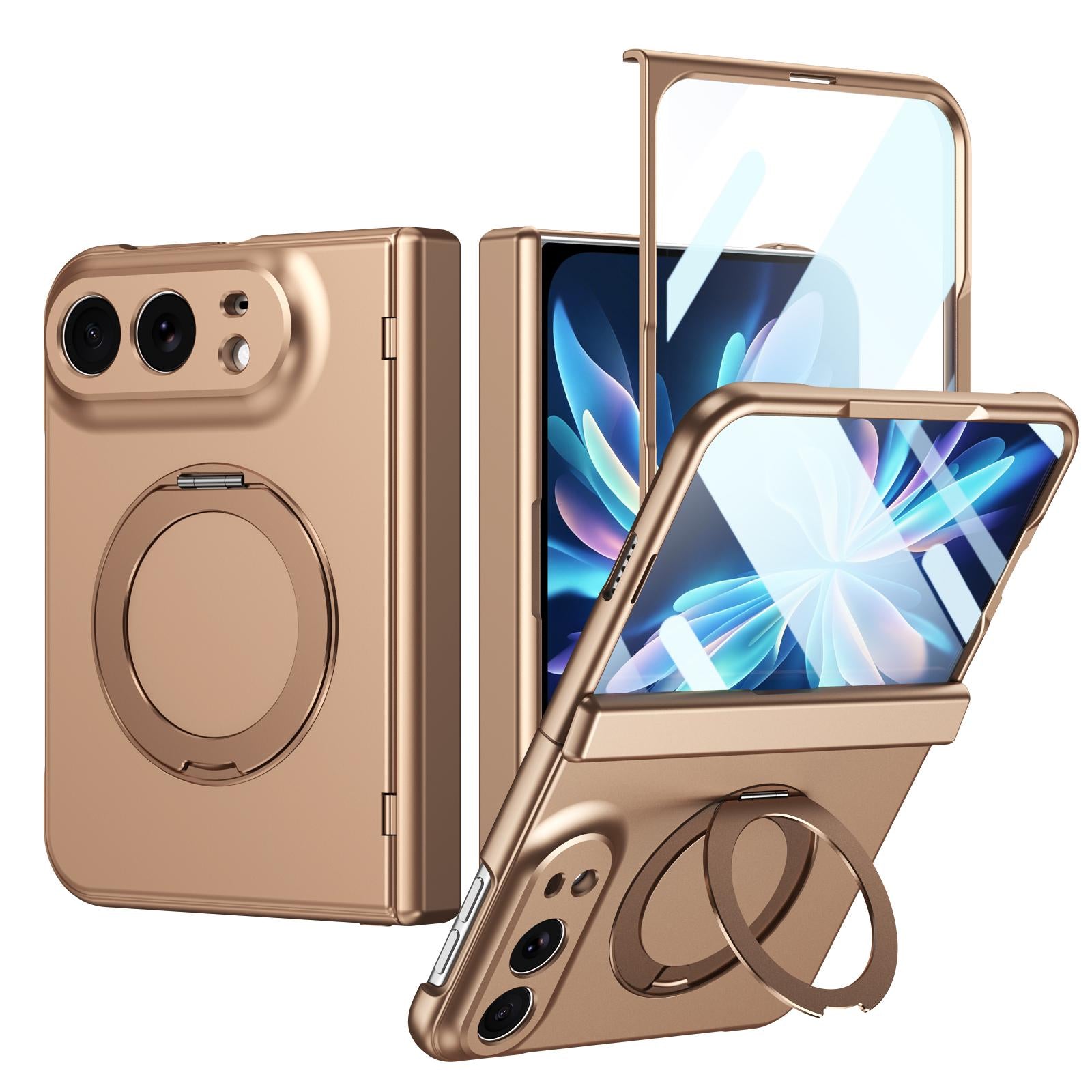 Compatible with iPhone Duo Rotation Magnetic Ring Holder Hinge Integrated Film Phone Case - Gold