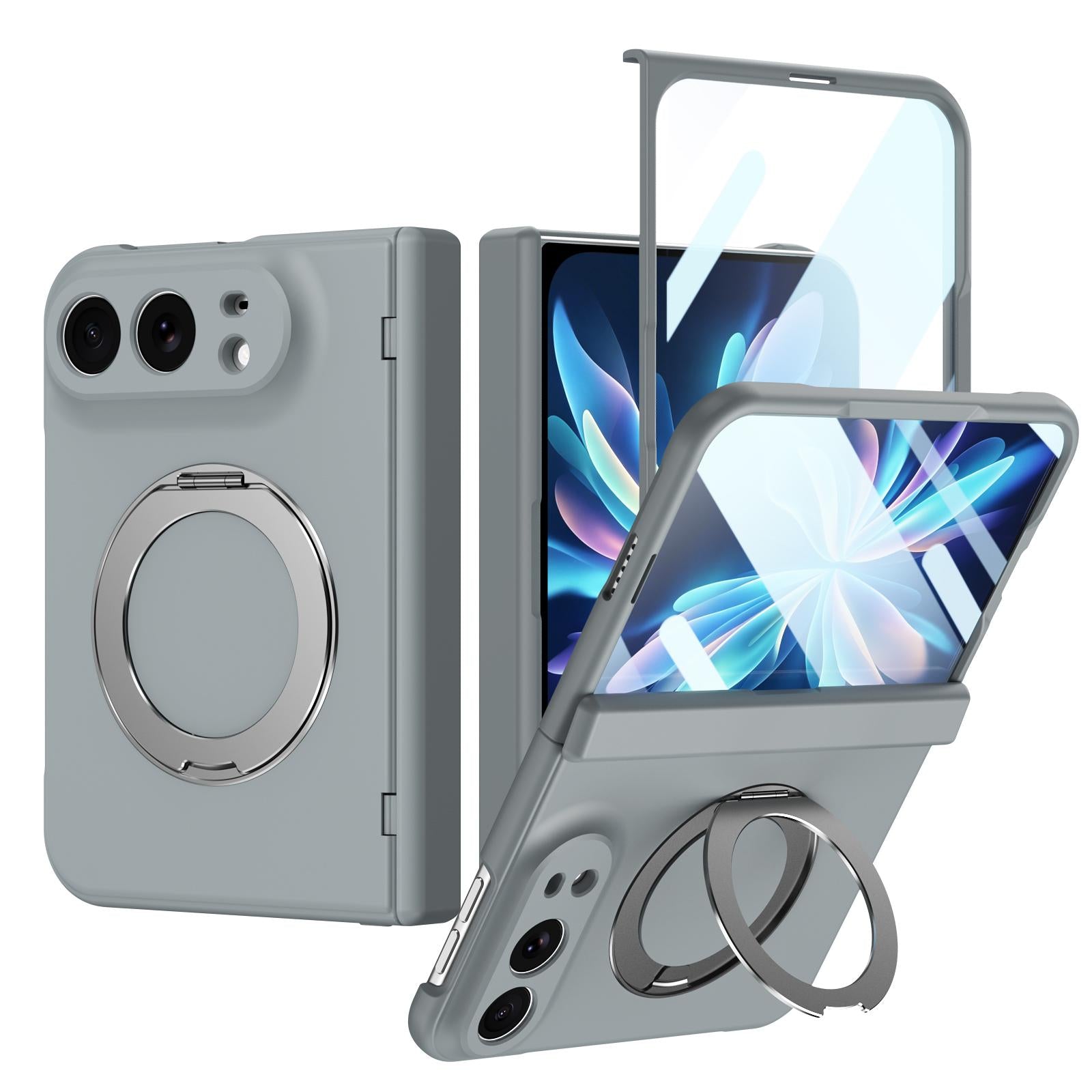 Compatible with iPhone Duo Rotation Magnetic Ring Holder Hinge Integrated Film Phone Case - Grey