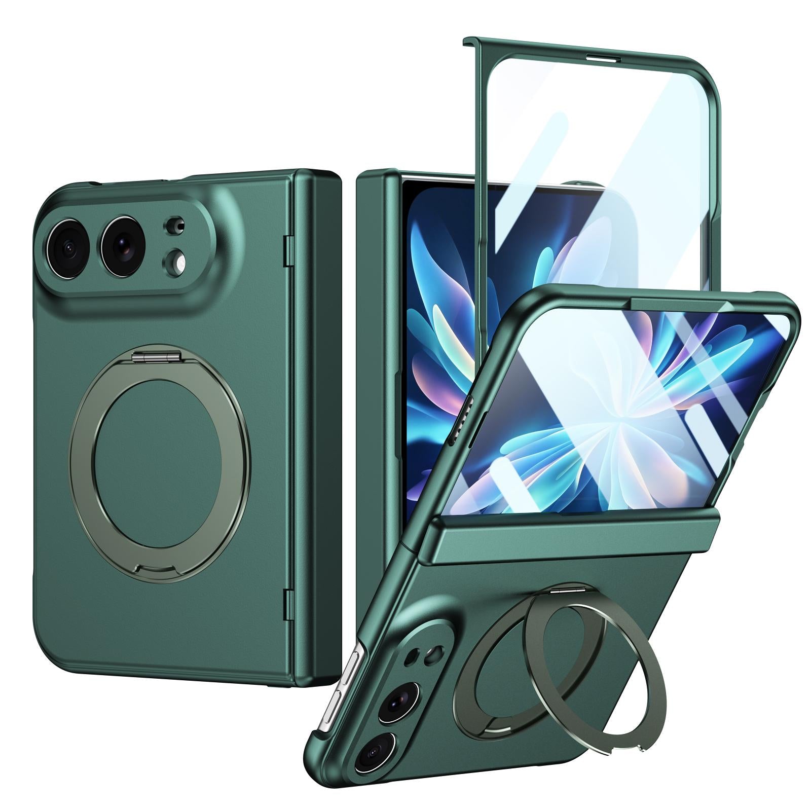 Compatible with iPhone Duo Rotation Magnetic Ring Holder Hinge Integrated Film Phone Case - Green
