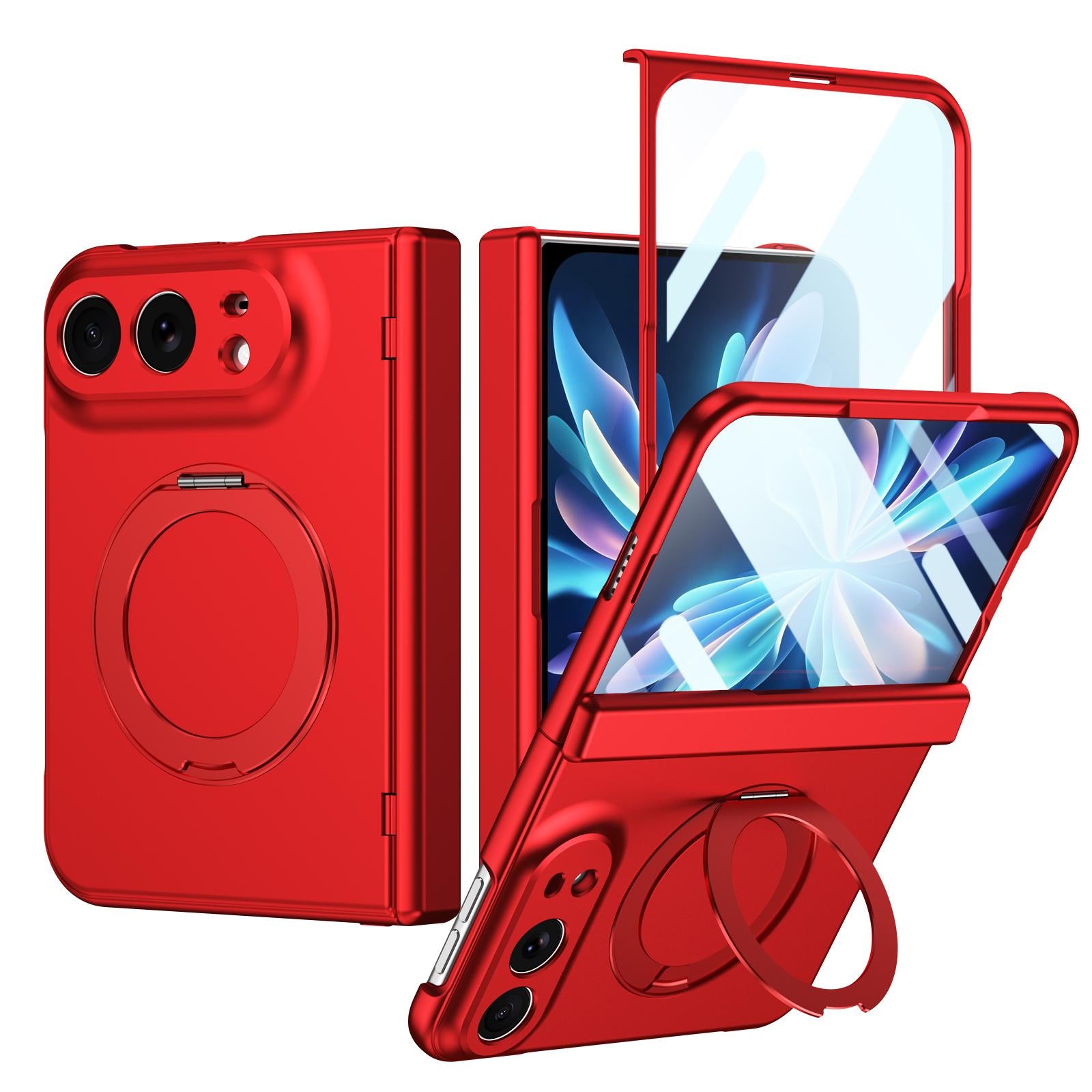 Compatible with iPhone Duo Rotation Magnetic Ring Holder Hinge Integrated Film Phone Case - Red