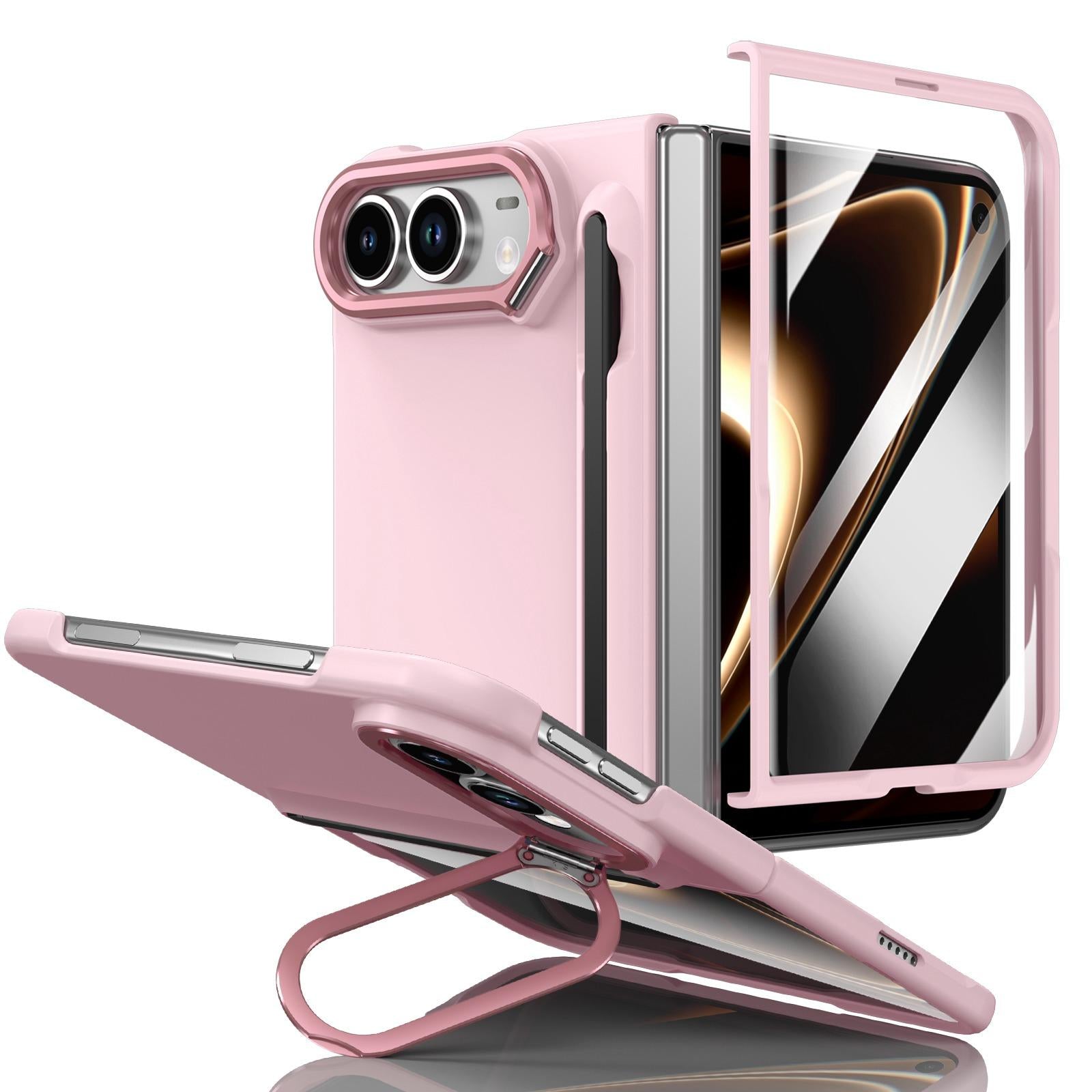 Compatible with iPhone Duo Integrated Skin Feel Lens Folding Holder Pen Slot Shockproof Phone Case with Pen - Pink