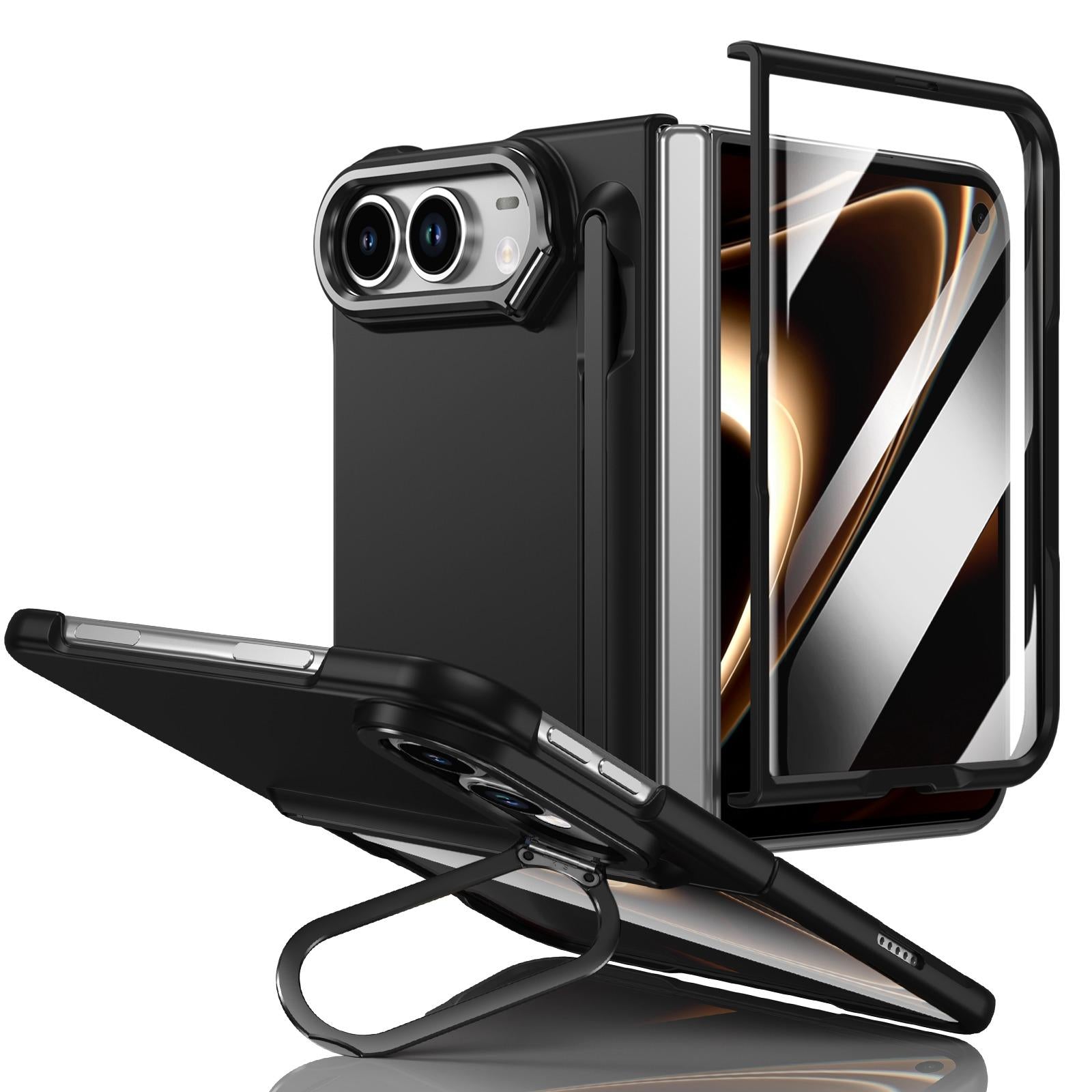 Compatible with iPhone Duo Integrated Skin Feel Lens Folding Holder Pen Slot Shockproof Phone Case with Pen - Black