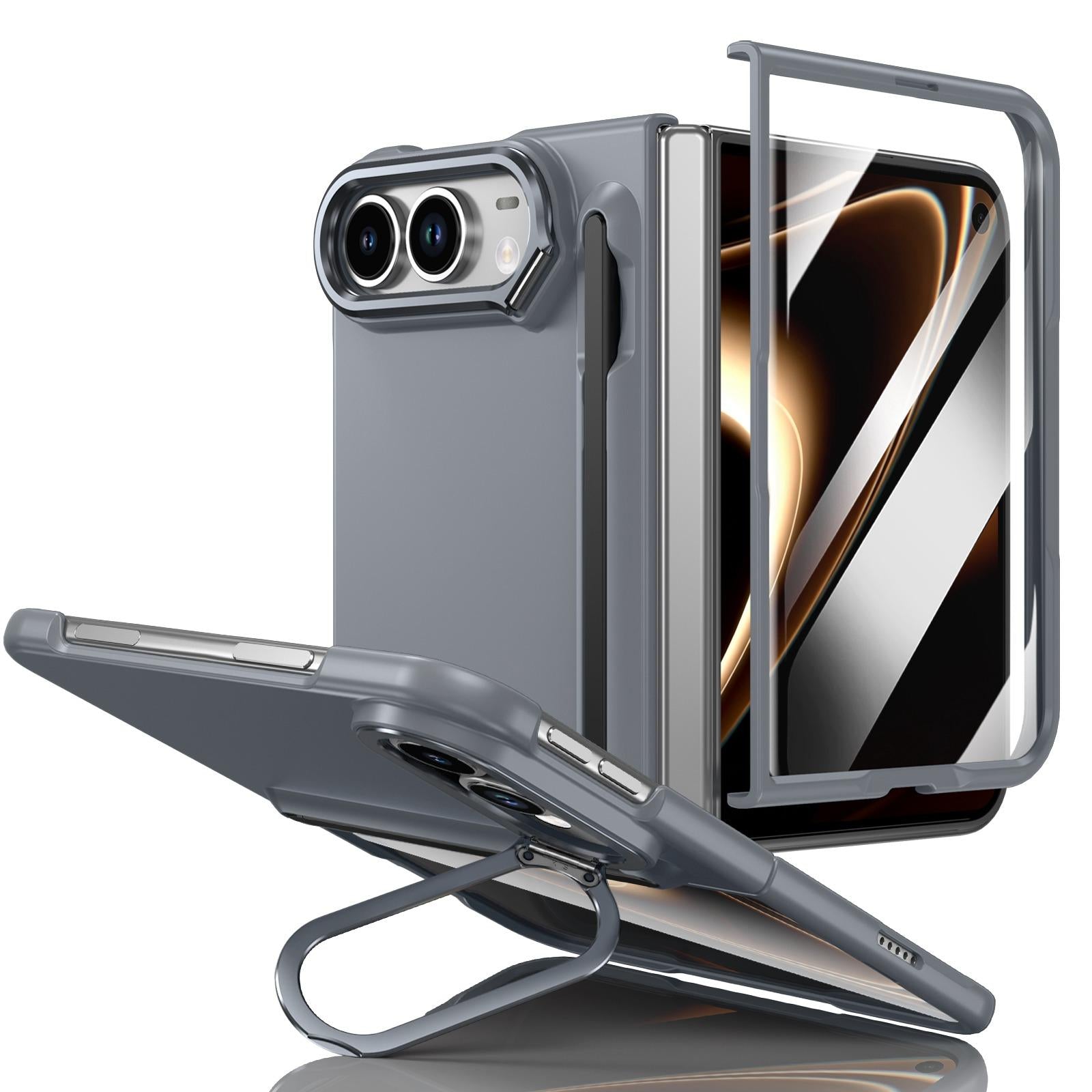 Compatible with iPhone Duo Integrated Skin Feel Lens Folding Holder Pen Slot Shockproof Phone Case with Pen - Grey