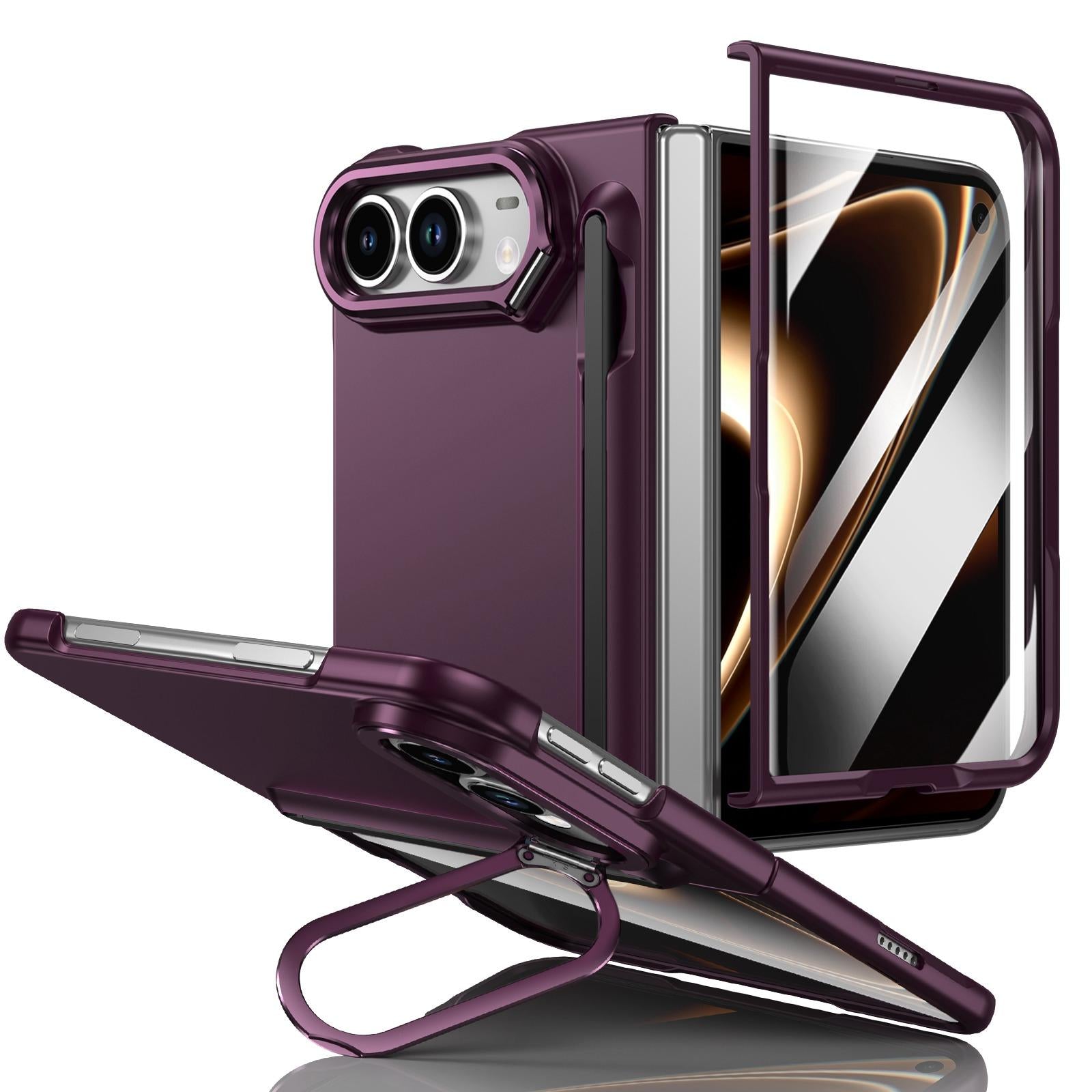 Compatible with iPhone Duo Integrated Skin Feel Lens Folding Holder Pen Slot Shockproof Phone Case with Pen - Wine Red