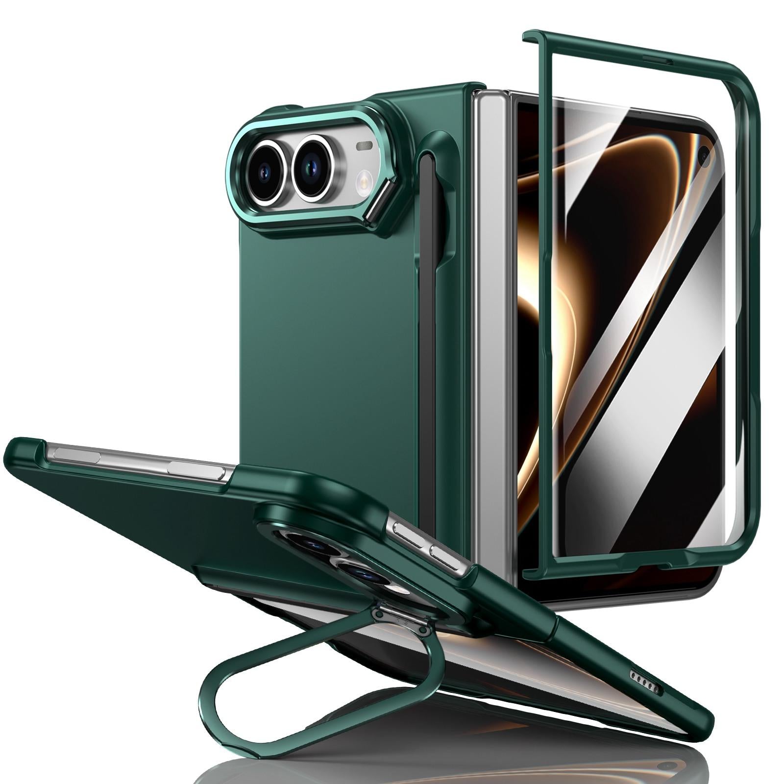 Compatible with iPhone Duo Integrated Skin Feel Lens Folding Holder Pen Slot Shockproof Phone Case with Pen - Green