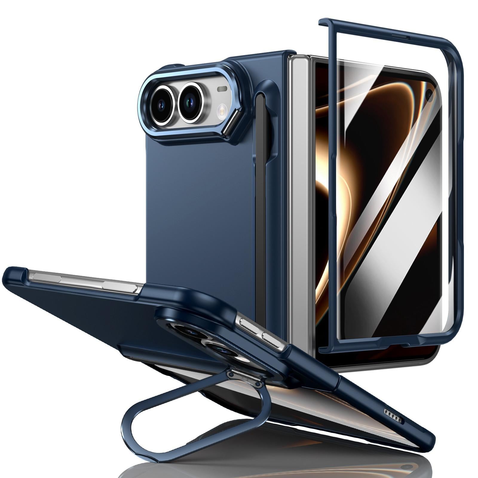 Compatible with iPhone Duo Integrated Skin Feel Lens Folding Holder Pen Slot Shockproof Phone Case with Pen - Dark Blue