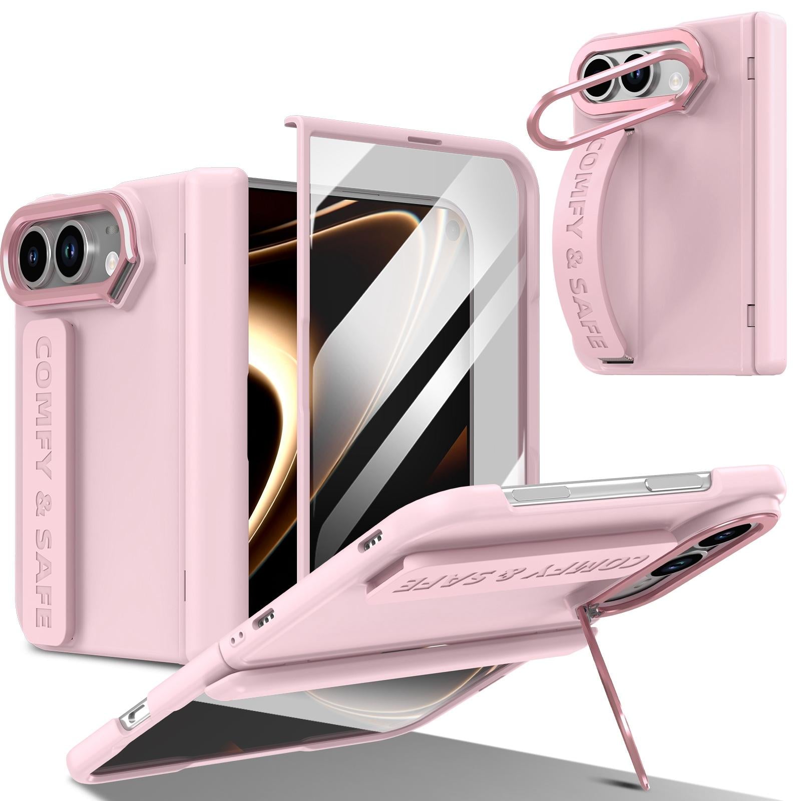Compatible with iPhone Duo Film Integrated Lens Frame Bracket Phone Case with Wristband - Pink