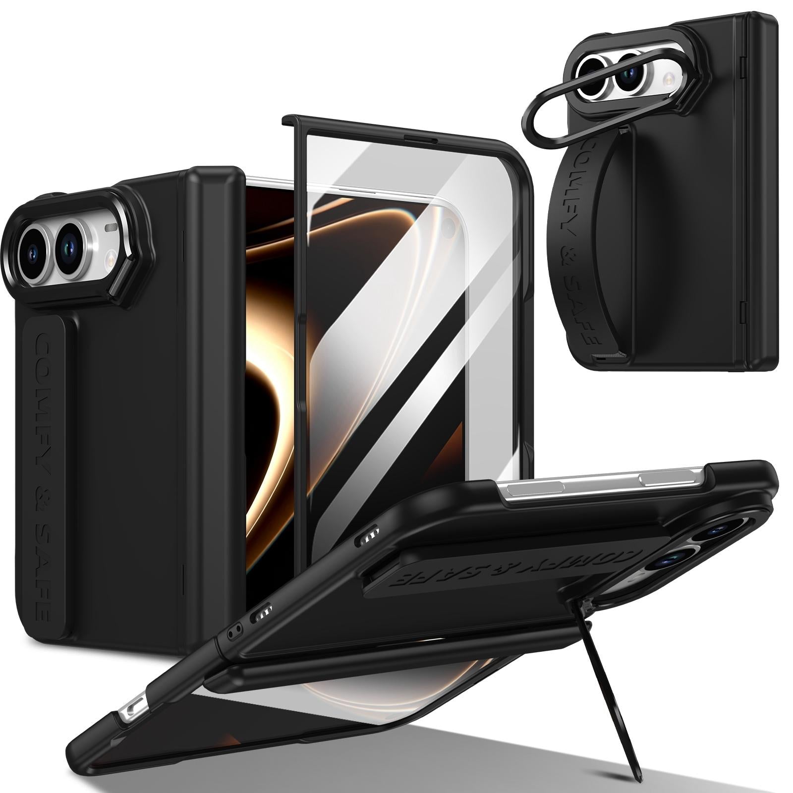 Compatible with iPhone Duo Film Integrated Lens Frame Bracket Phone Case with Wristband - Black