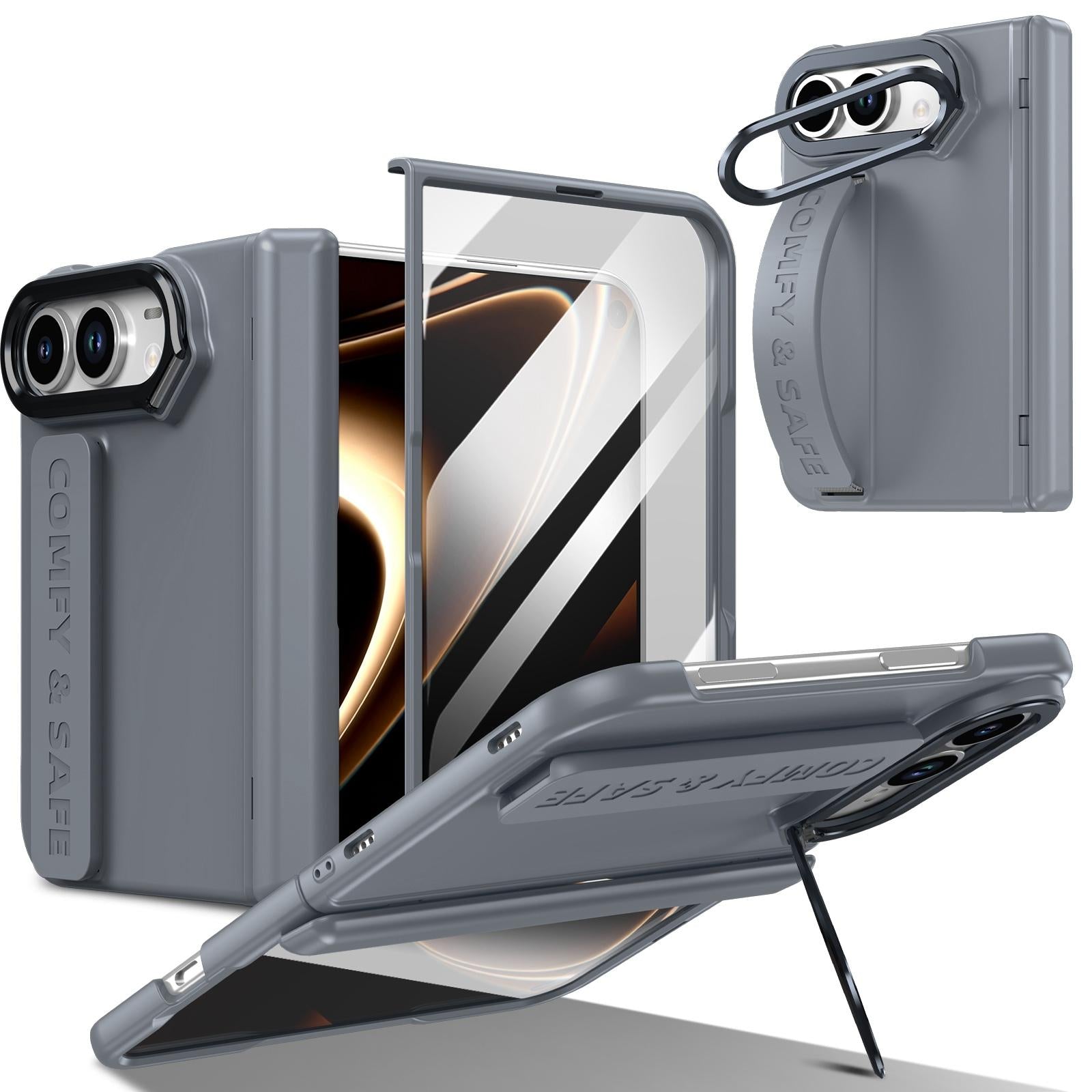 Compatible with iPhone Duo Film Integrated Lens Frame Bracket Phone Case with Wristband - Grey