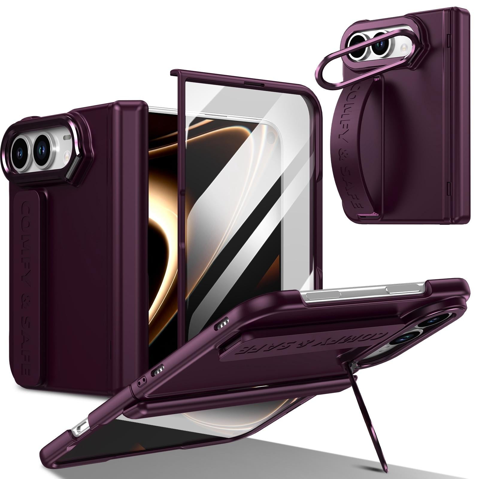 Compatible with iPhone Duo Film Integrated Lens Frame Bracket Phone Case with Wristband - Wine Red