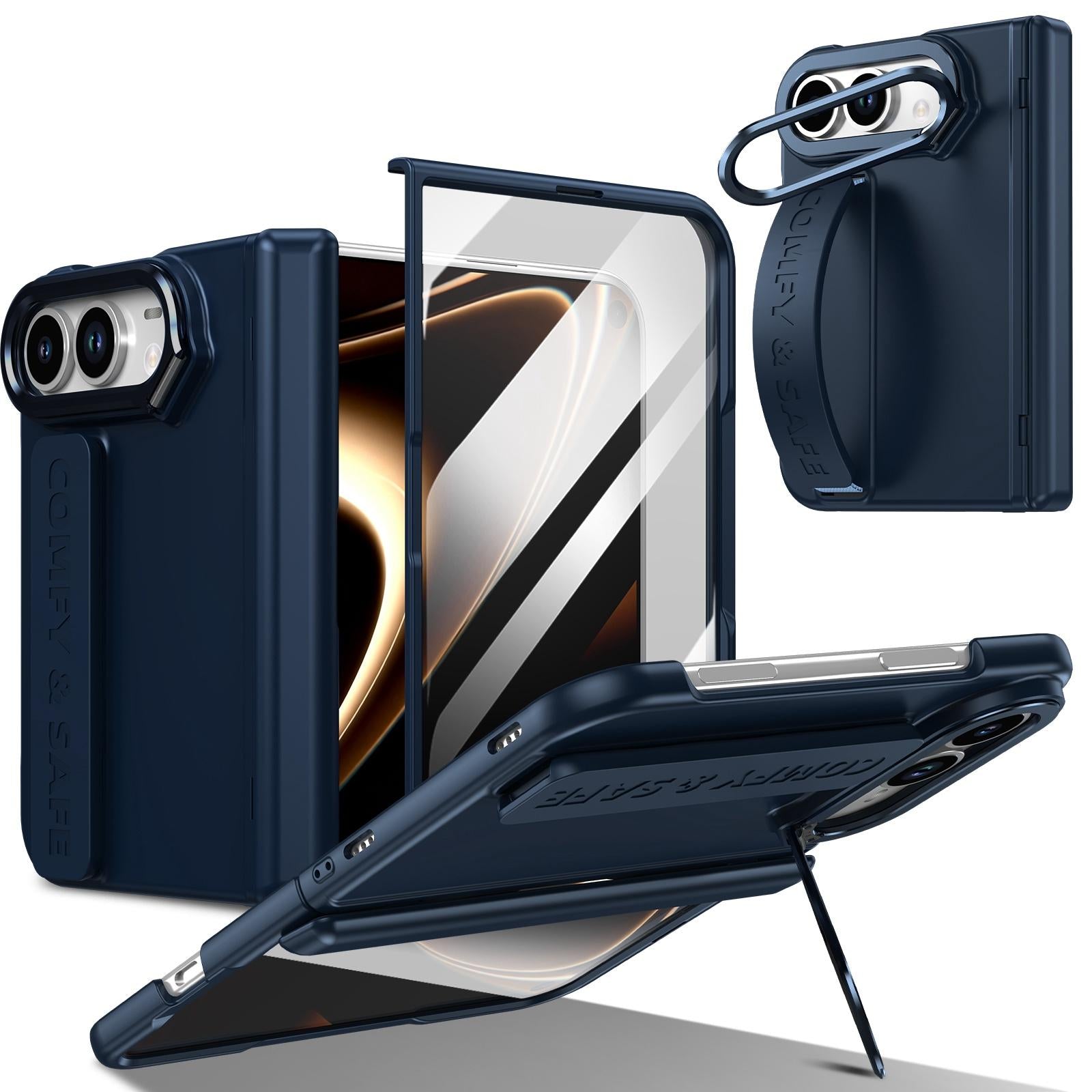 Compatible with iPhone Duo Film Integrated Lens Frame Bracket Phone Case with Wristband - Dark Blue