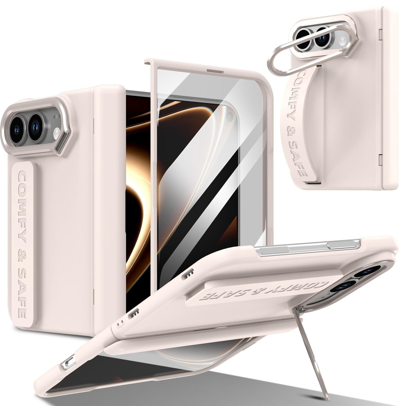 Compatible with iPhone Duo Film Integrated Lens Frame Bracket Phone Case with Wristband - Apricot
