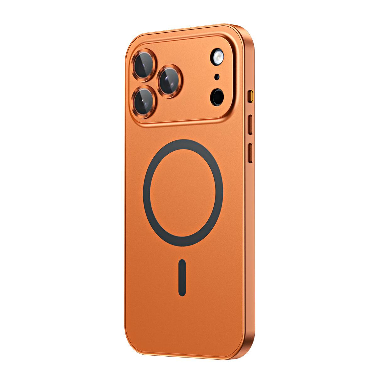 Compatible with iPhone 18 Pro Spring Buckle MagSafe Magnetic Metal Phone Case - Orange