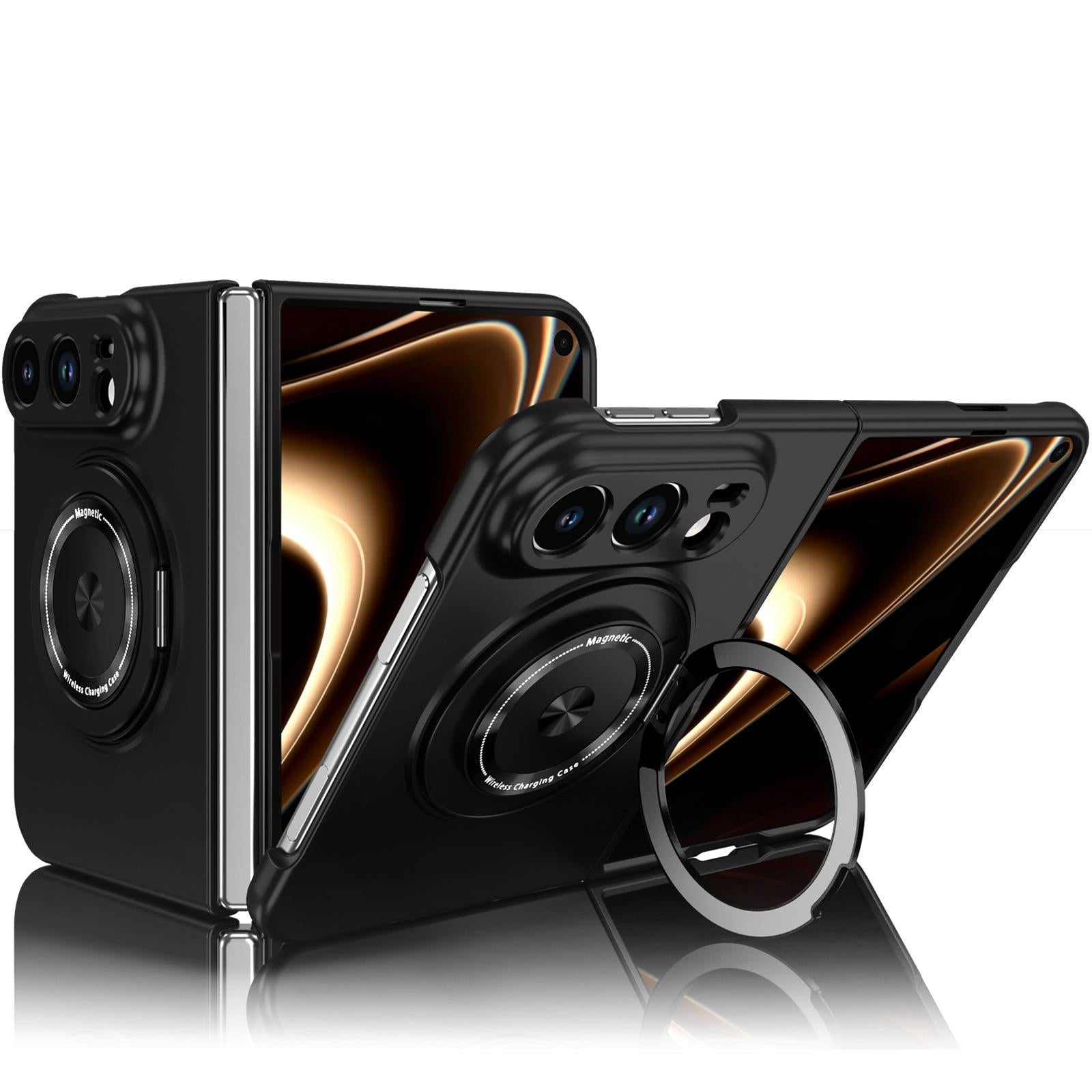 Compatible with iPhone Duo 360 Rotation Ring Holder MagSafe Shockproof PC Phone Case - Black