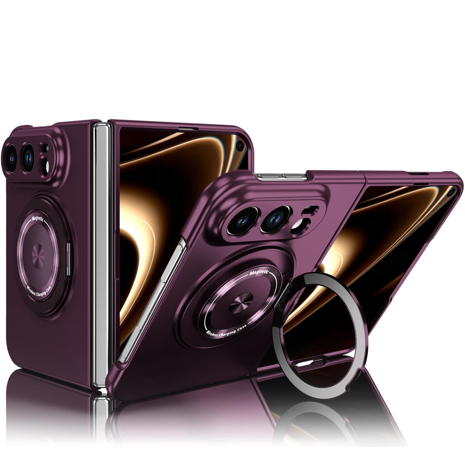 Compatible with iPhone Duo 360 Rotation Ring Holder MagSafe Shockproof PC Phone Case - Wine red