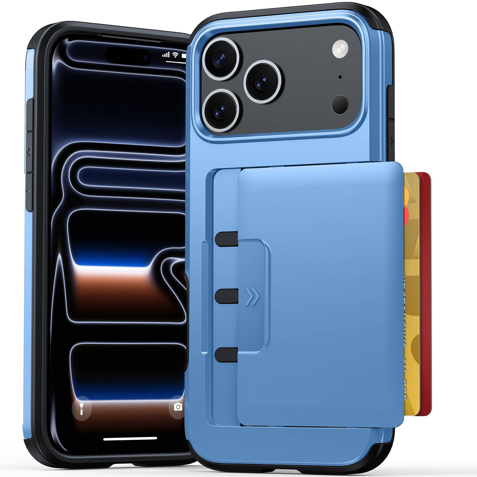 Compatible with iPhone 18 Pro Sliding Card Slot PC Dual-Layer TPU Phone Case - Light Blue