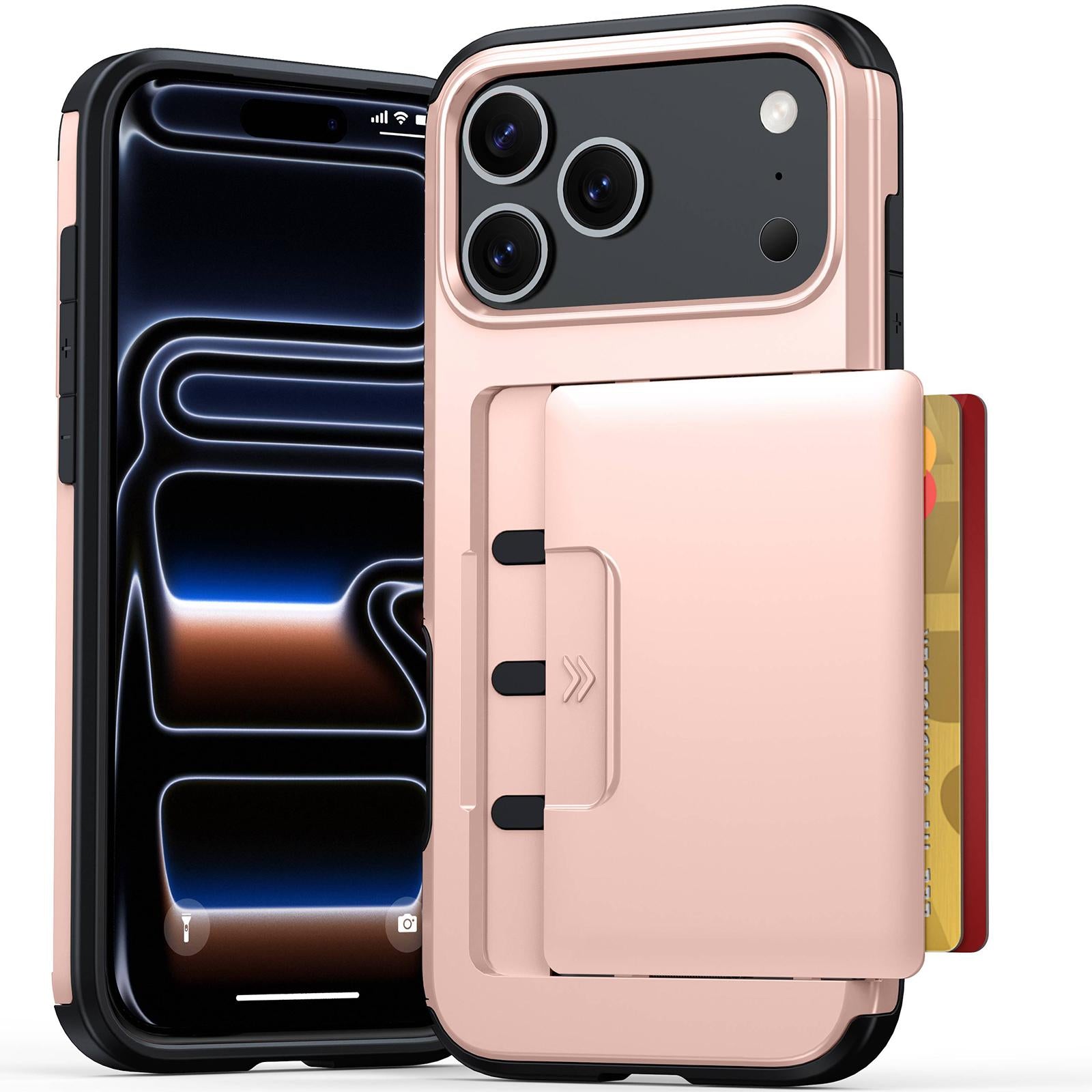 Compatible with iPhone 18 Pro Sliding Card Slot PC Dual-Layer TPU Phone Case - Rose Gold