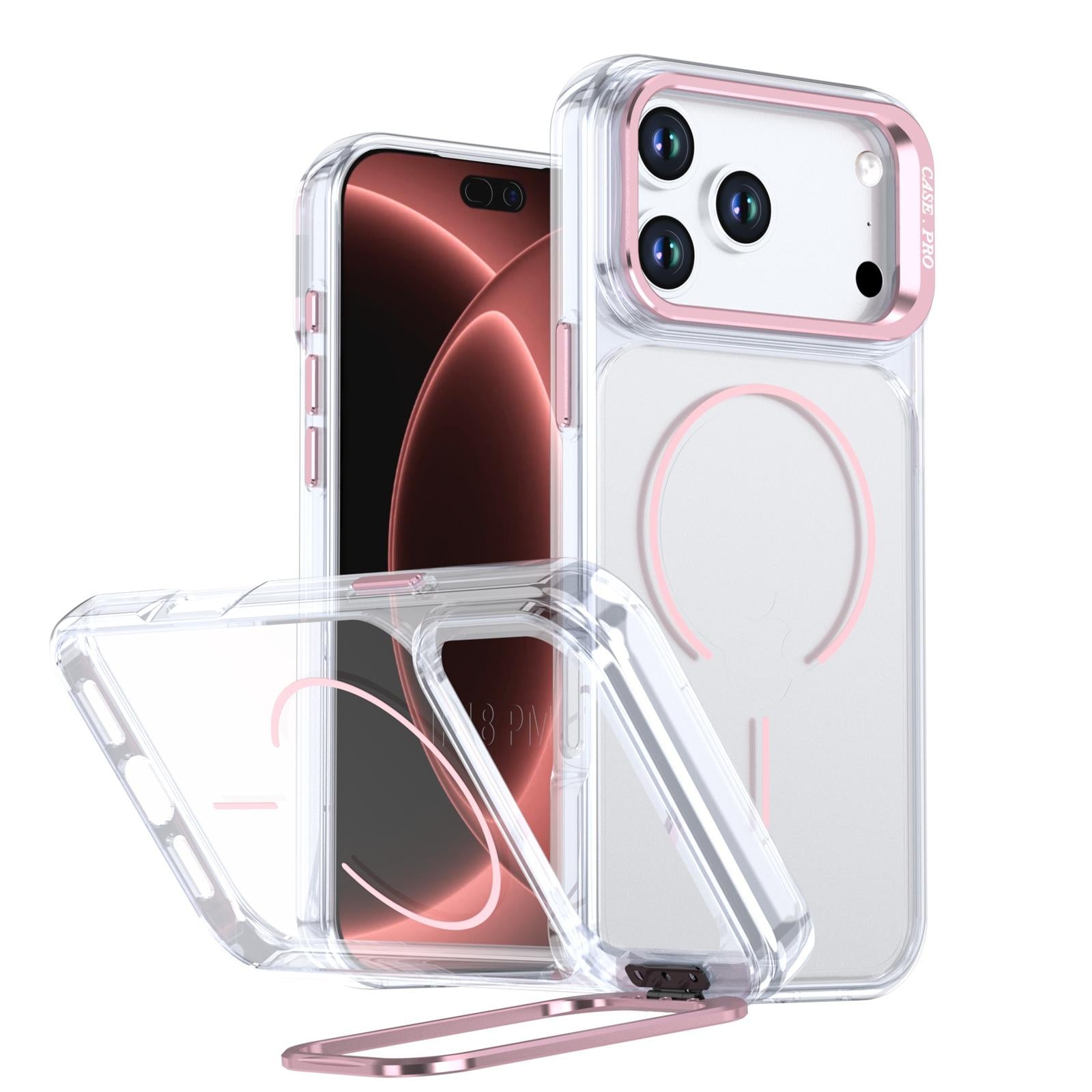 Compatible with iPhone 18 Pro Bright Color Clear MagSafe Lens Frame Holder Phone Case - Pink