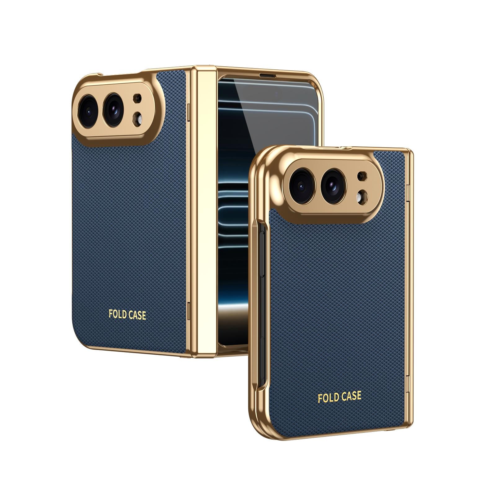 Compatible with iPhone Duo Electroplated PC Fold Shockproof Vegan Leather Phone Case - Blue