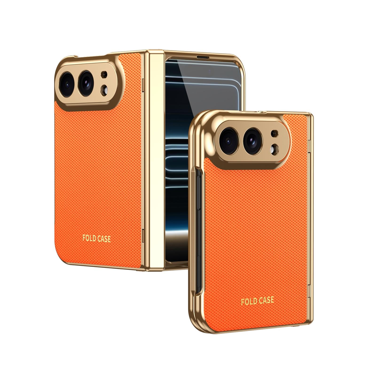 Compatible with iPhone Duo Electroplated PC Fold Shockproof Vegan Leather Phone Case - Orange