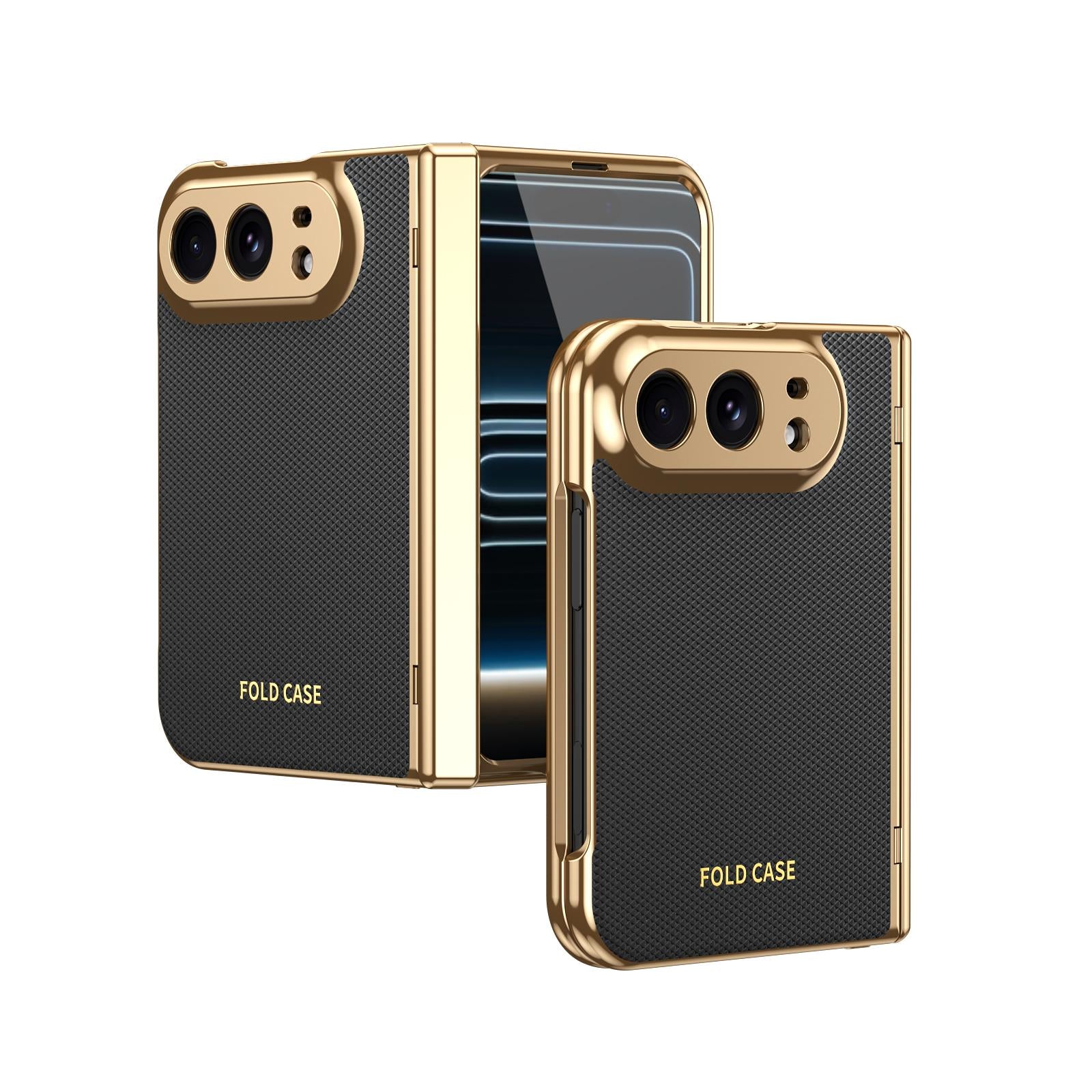 Compatible with iPhone Duo Electroplated PC Fold Shockproof Vegan Leather Phone Case - Black