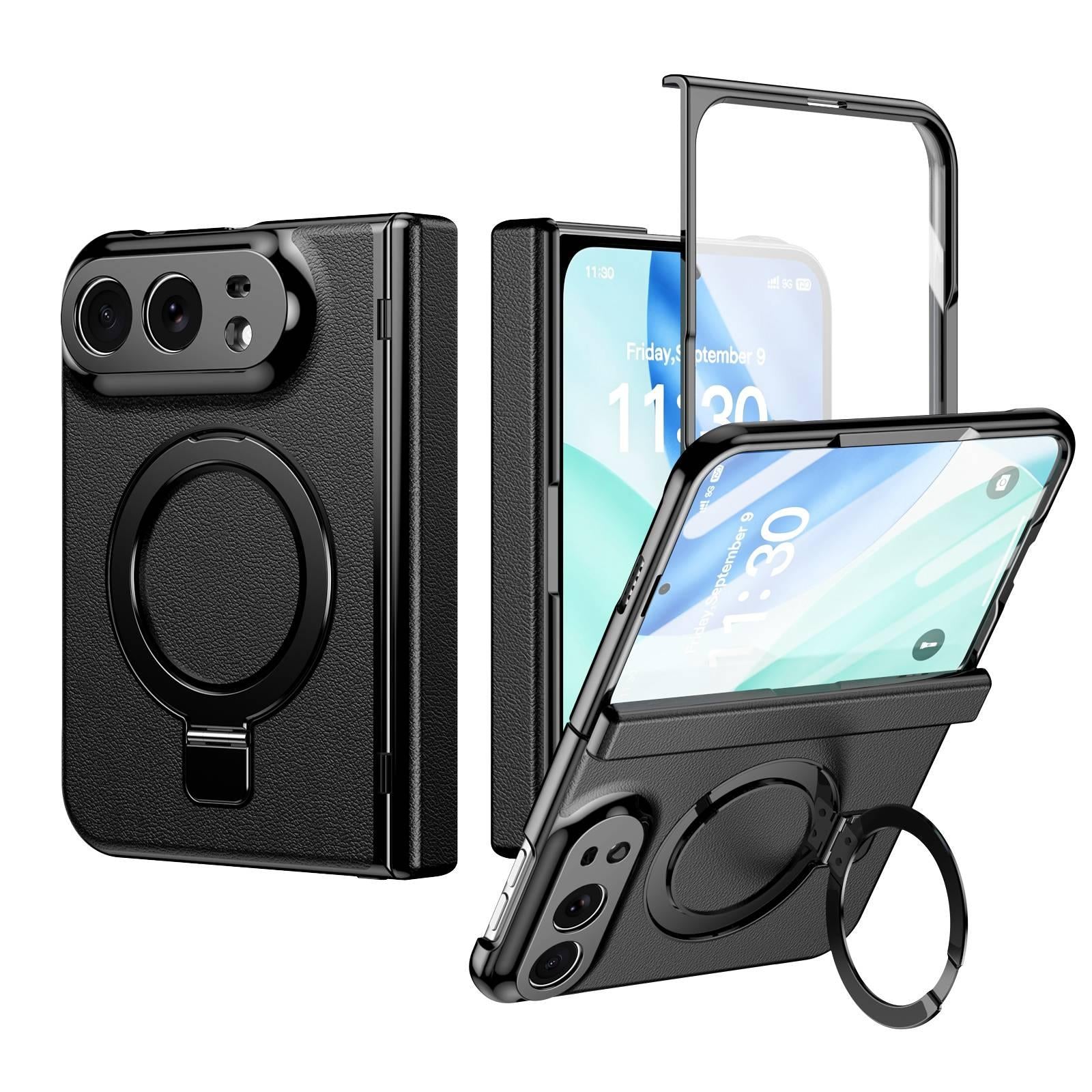 Compatible with iPhone Duo Integrated Metal Folding Holder Hinge Magnetic Leather Phone Case - Black