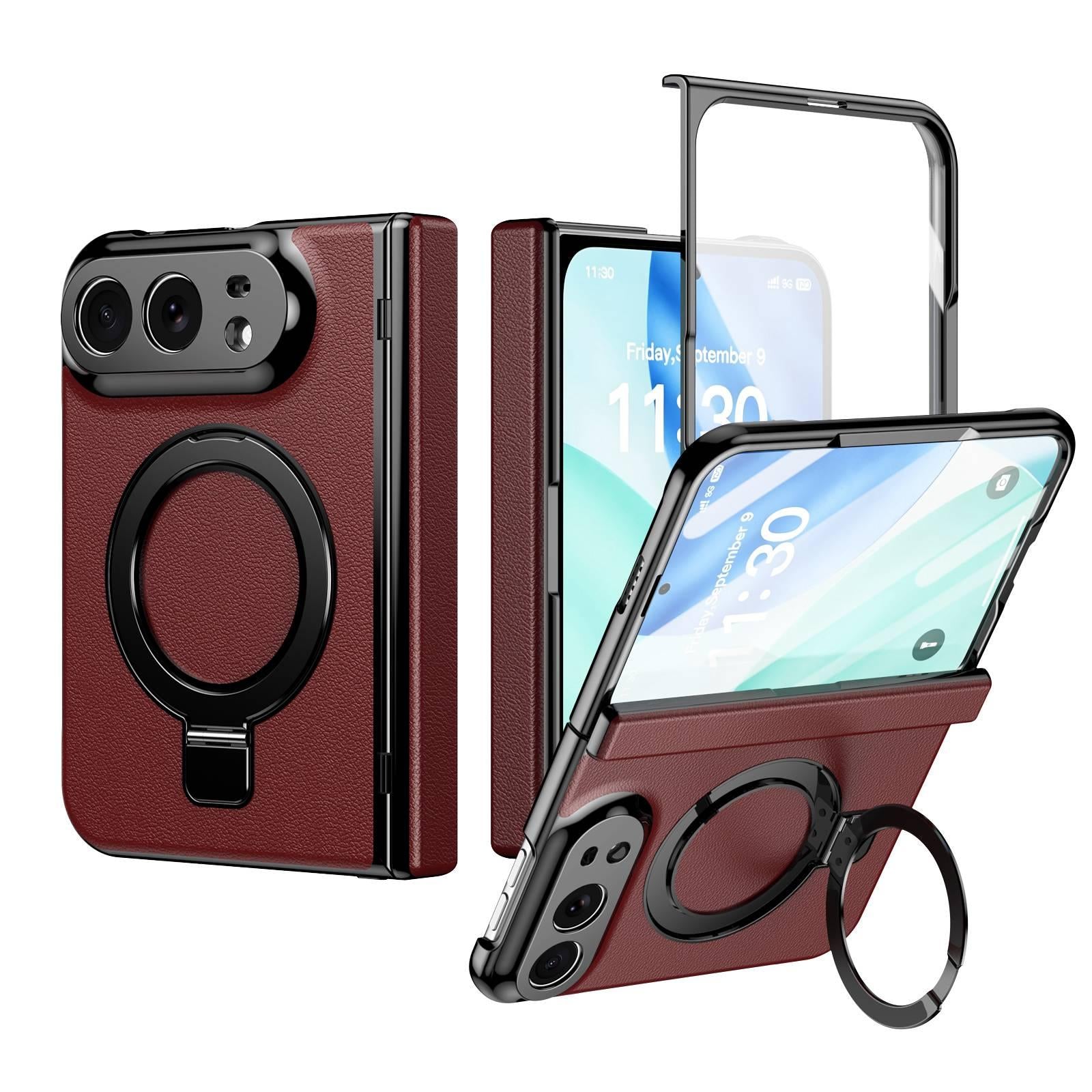 Compatible with iPhone Duo Integrated Metal Folding Holder Hinge Magnetic Leather Phone Case - Red