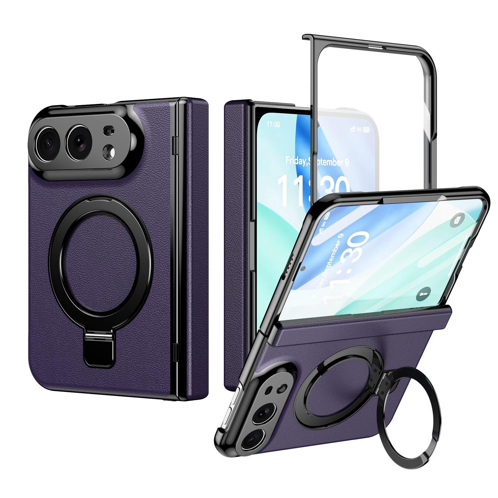 Compatible with iPhone Duo Integrated Metal Folding Holder Hinge Magnetic Leather Phone Case - Purple