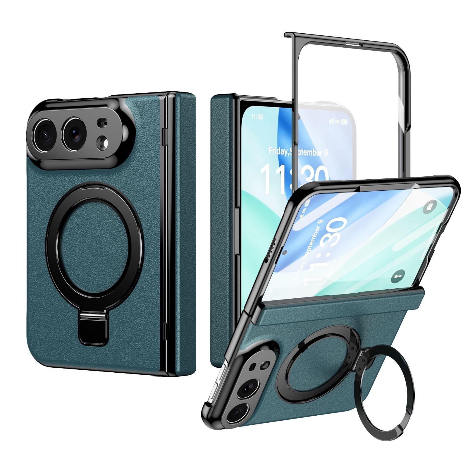 Compatible with iPhone Duo Integrated Metal Folding Holder Hinge Magnetic Leather Phone Case - Green