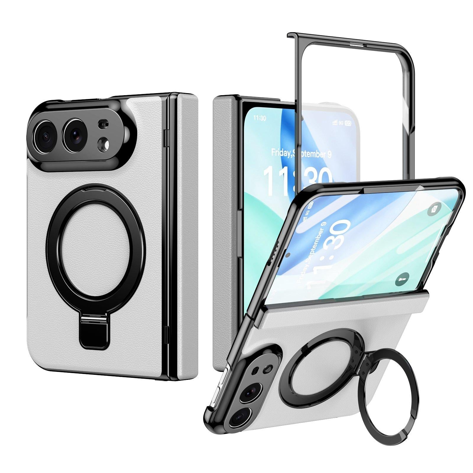 Compatible with iPhone Duo Integrated Metal Folding Holder Hinge Magnetic Leather Phone Case - White