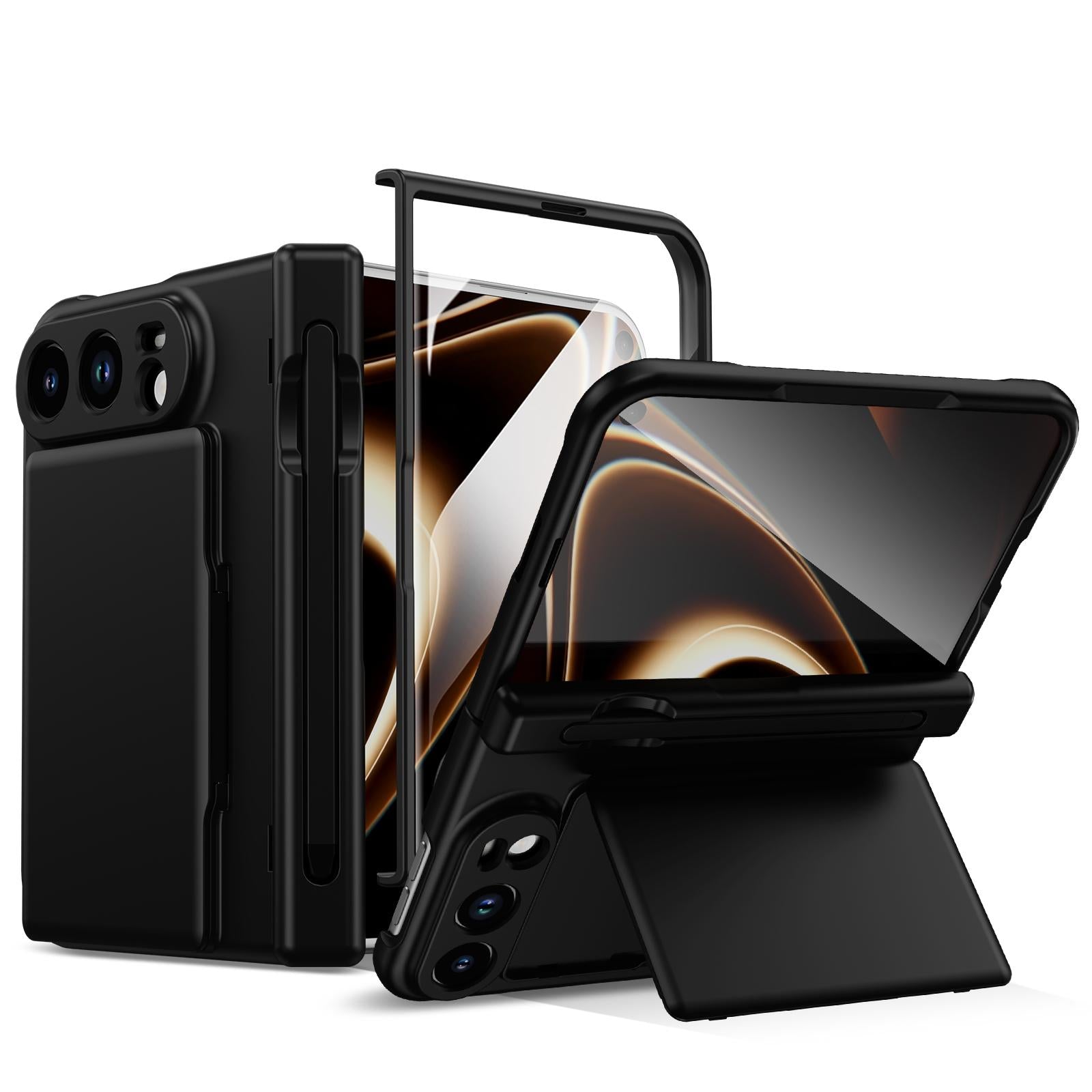 Compatible with iPhone Duo Card Bag Holder Hinge Integrated Film Phone Case, No Pen - Black