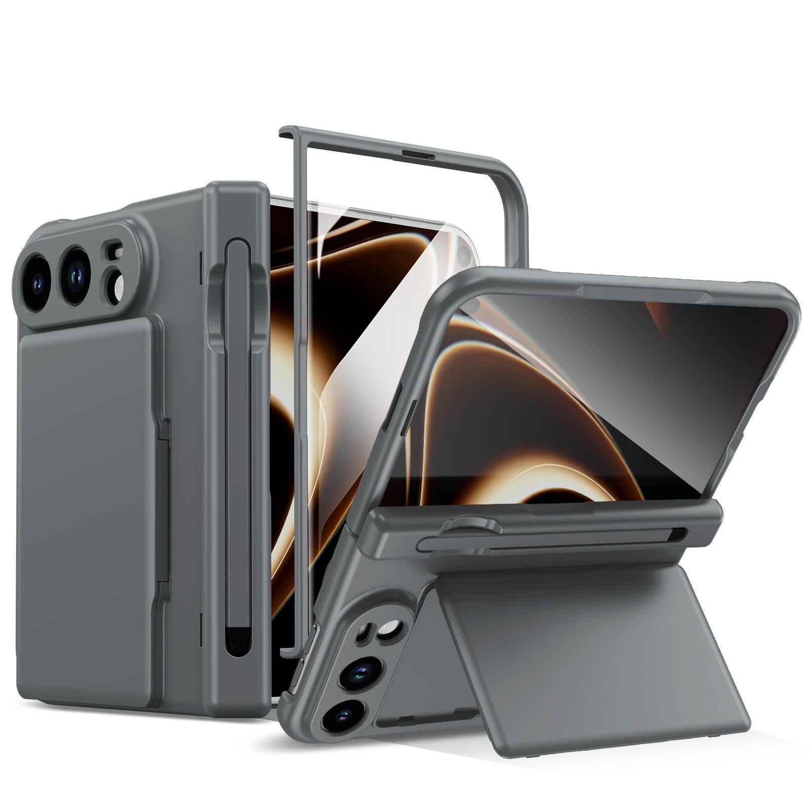 Compatible with iPhone Duo Card Bag Holder Hinge Integrated Film Phone Case, No Pen - Grey