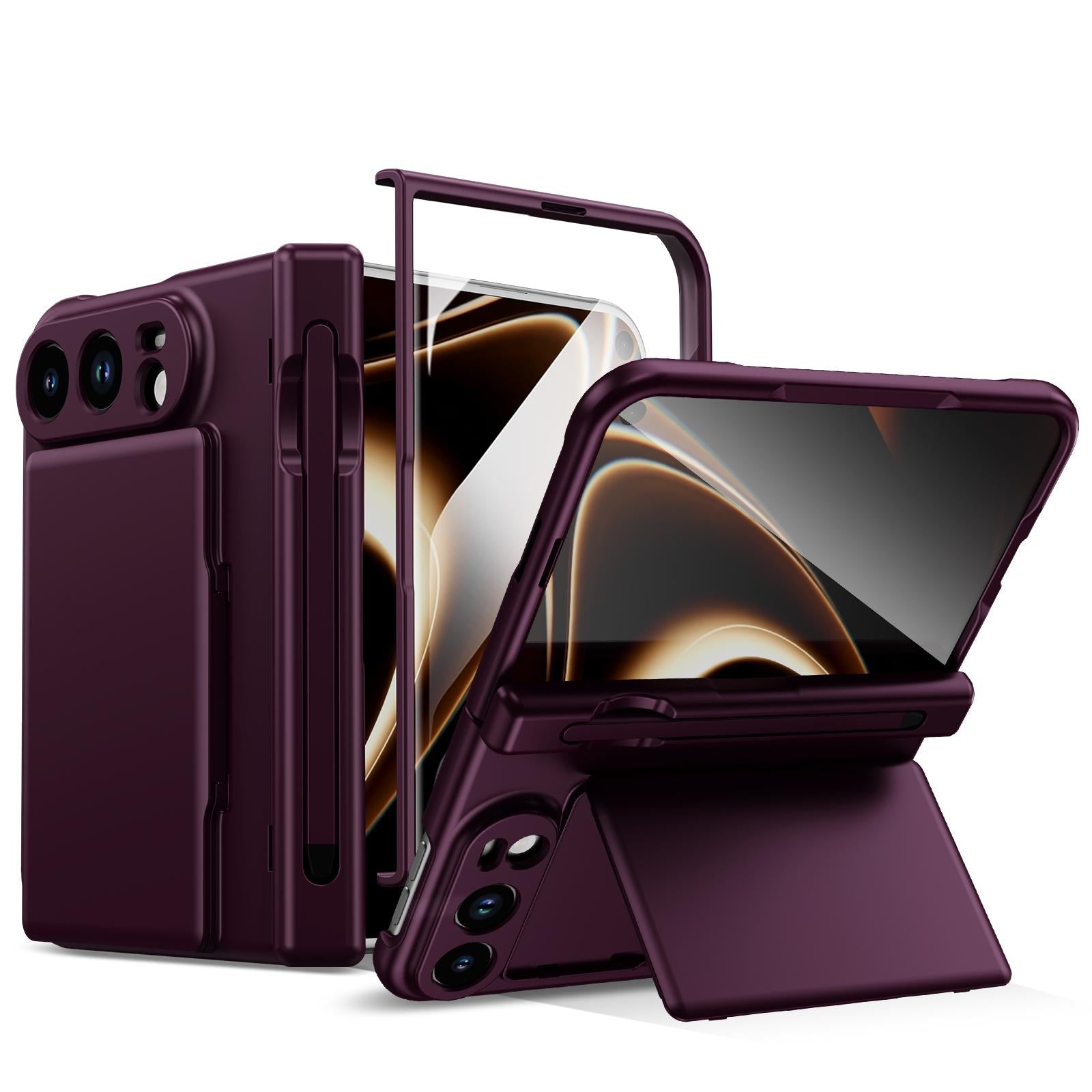 Compatible with iPhone Duo Card Bag Holder Hinge Integrated Film Phone Case, No Pen - Purple