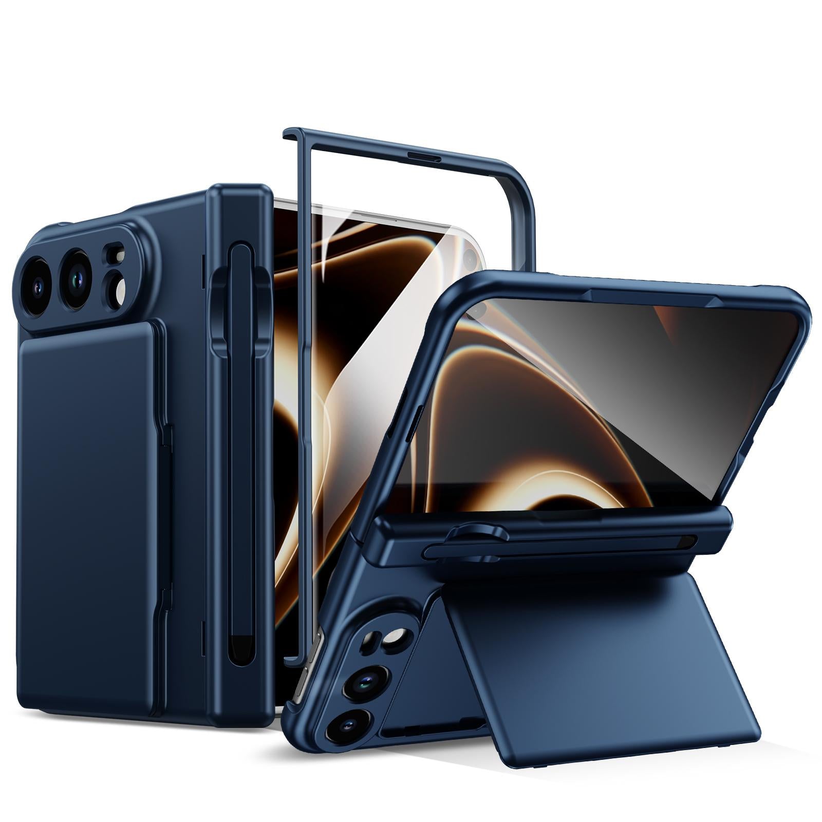 Compatible with iPhone Duo Card Bag Holder Hinge Integrated Film Phone Case, No Pen - Blue