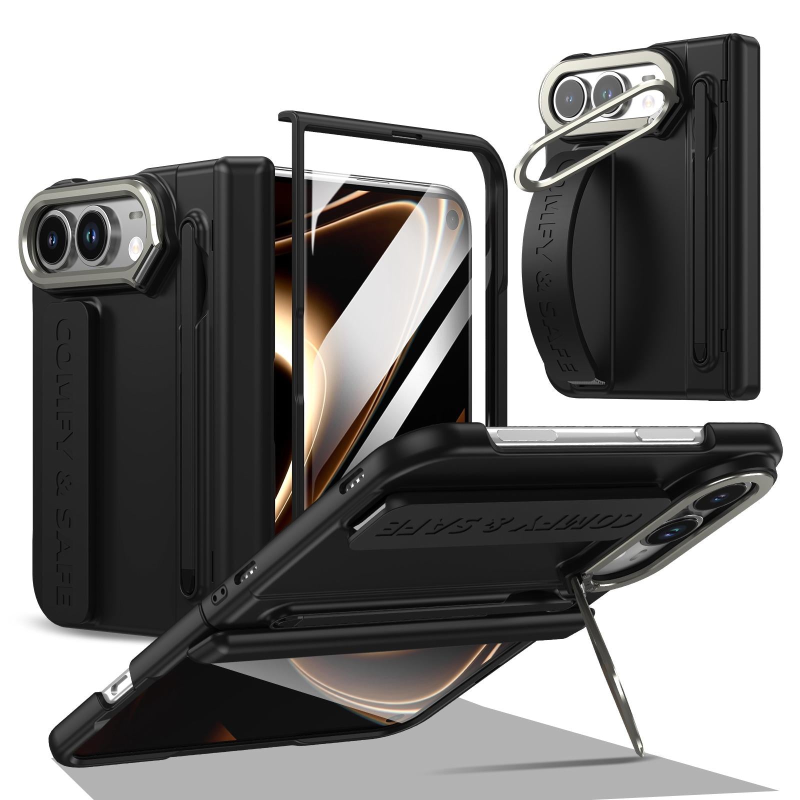 Compatible with iPhone Duo Film Integrated Lens Frame Bracket Phone Case with Wristband & Pen - Black