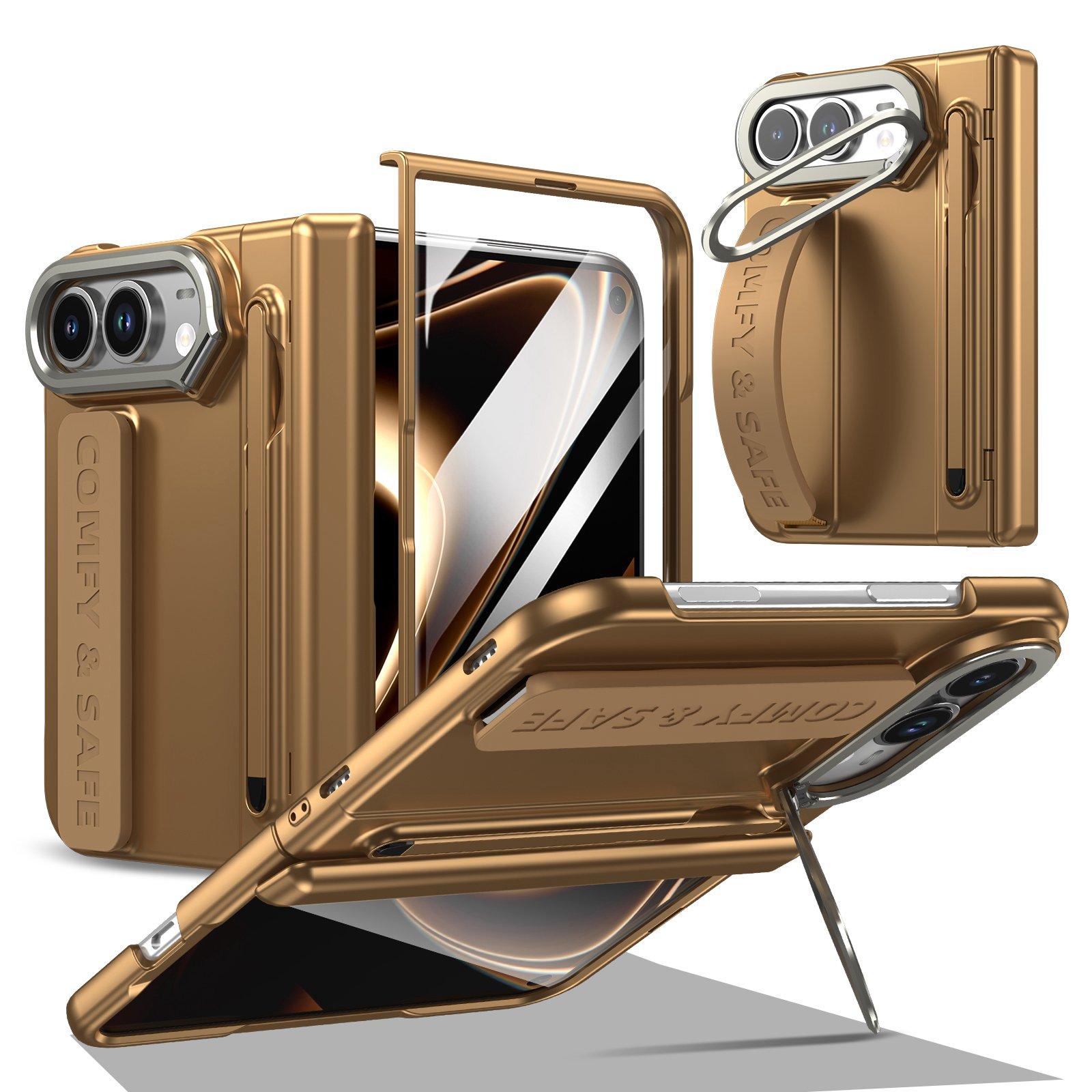 Compatible with iPhone Duo Film Integrated Lens Frame Bracket Phone Case with Wristband & Pen - Gold