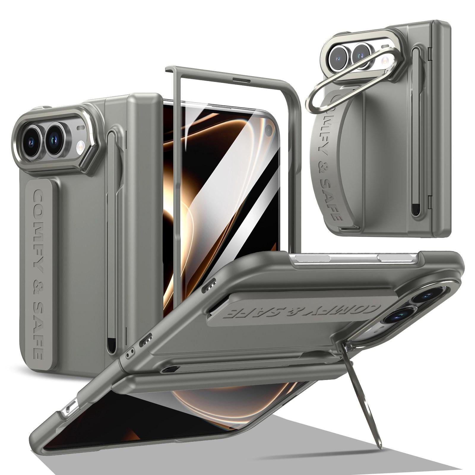 Compatible with iPhone Duo Film Integrated Lens Frame Bracket Phone Case with Wristband & Pen - Grey