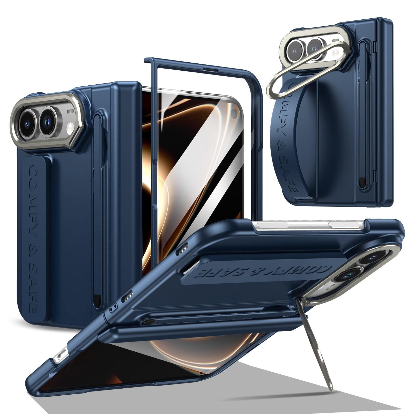 Compatible with iPhone Duo Film Integrated Lens Frame Bracket Phone Case with Wristband & Pen - Dark Blue