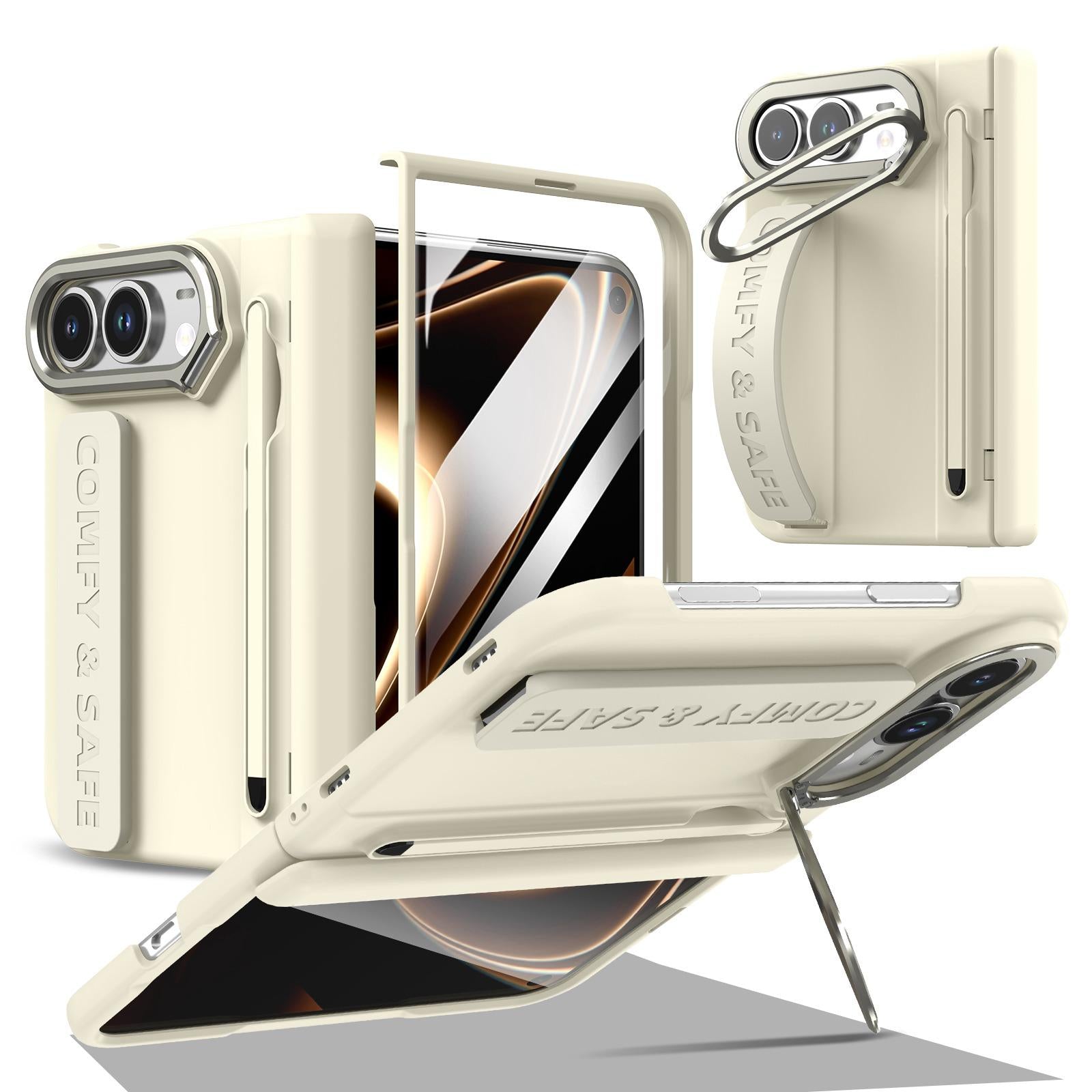 Compatible with iPhone Duo Film Integrated Lens Frame Bracket Phone Case with Wristband & Pen - Apricot