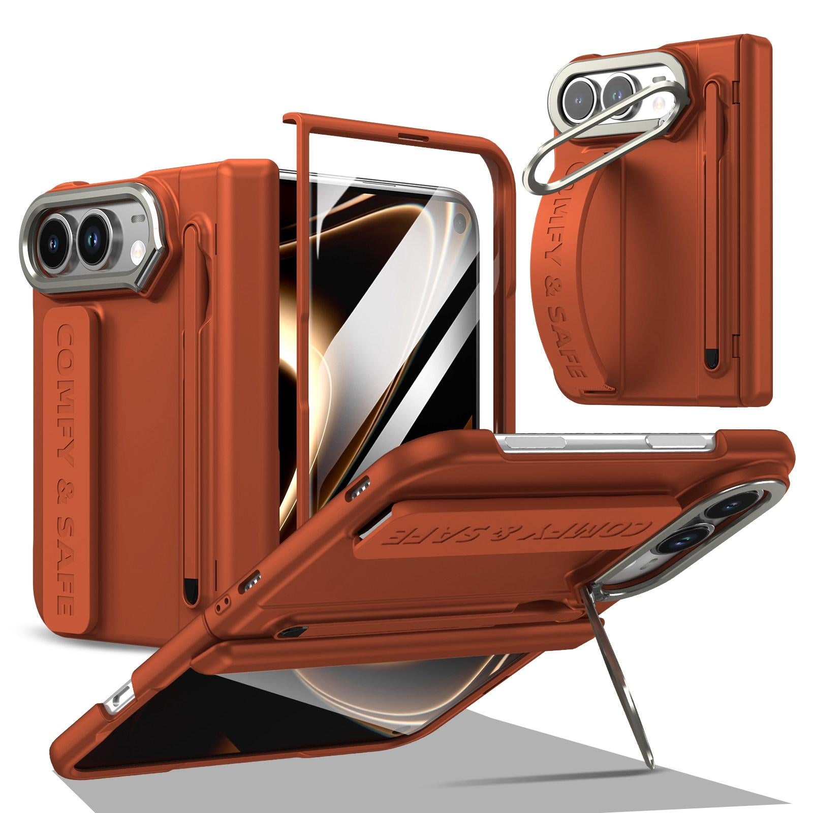 Compatible with iPhone Duo Film Integrated Lens Frame Bracket Phone Case with Wristband & Pen - Brown