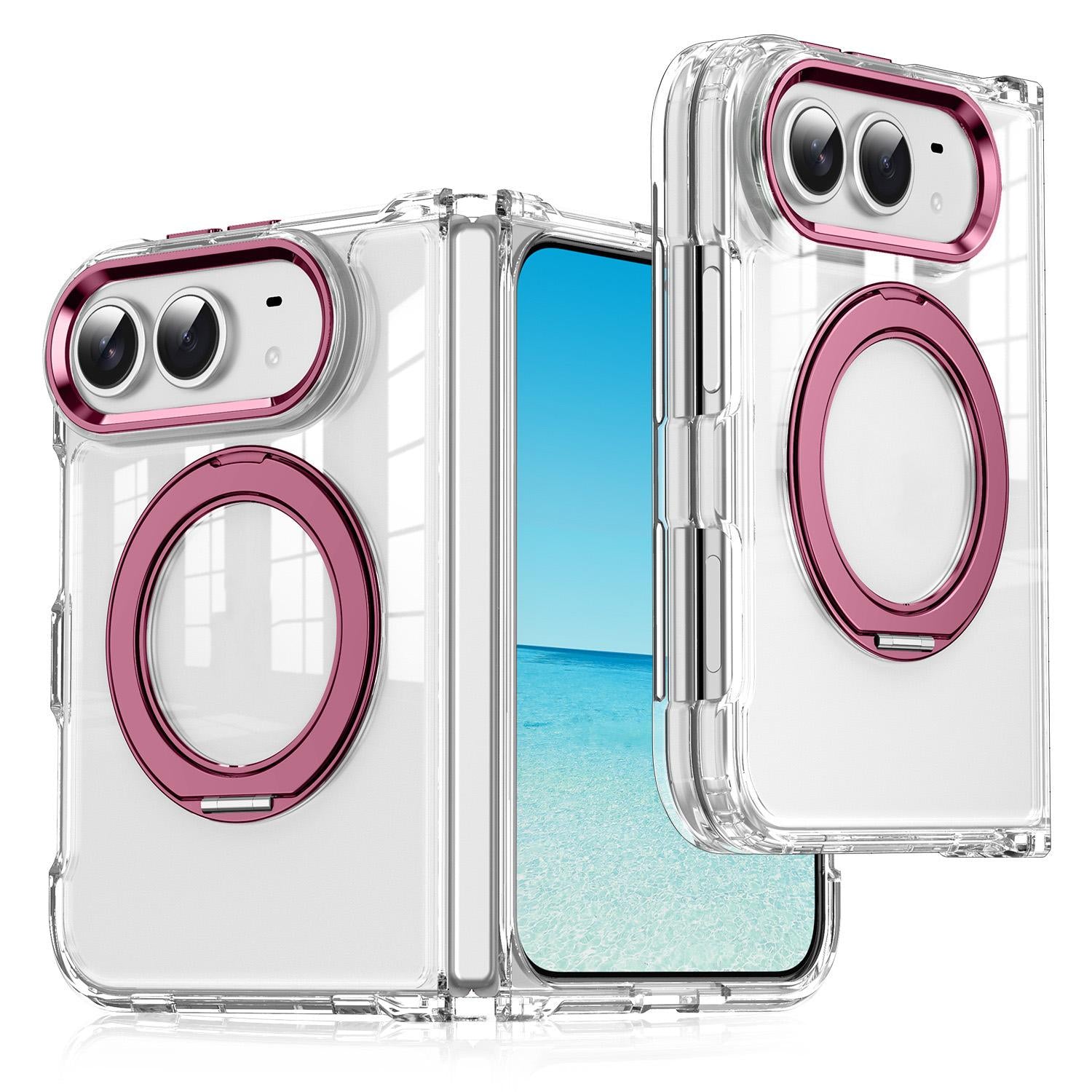 Compatible with iPhone Duo Four-corner Airbag Acrylic Transparent TPU Magnetic Phone Case with 360-degree Stand - Cherry Red