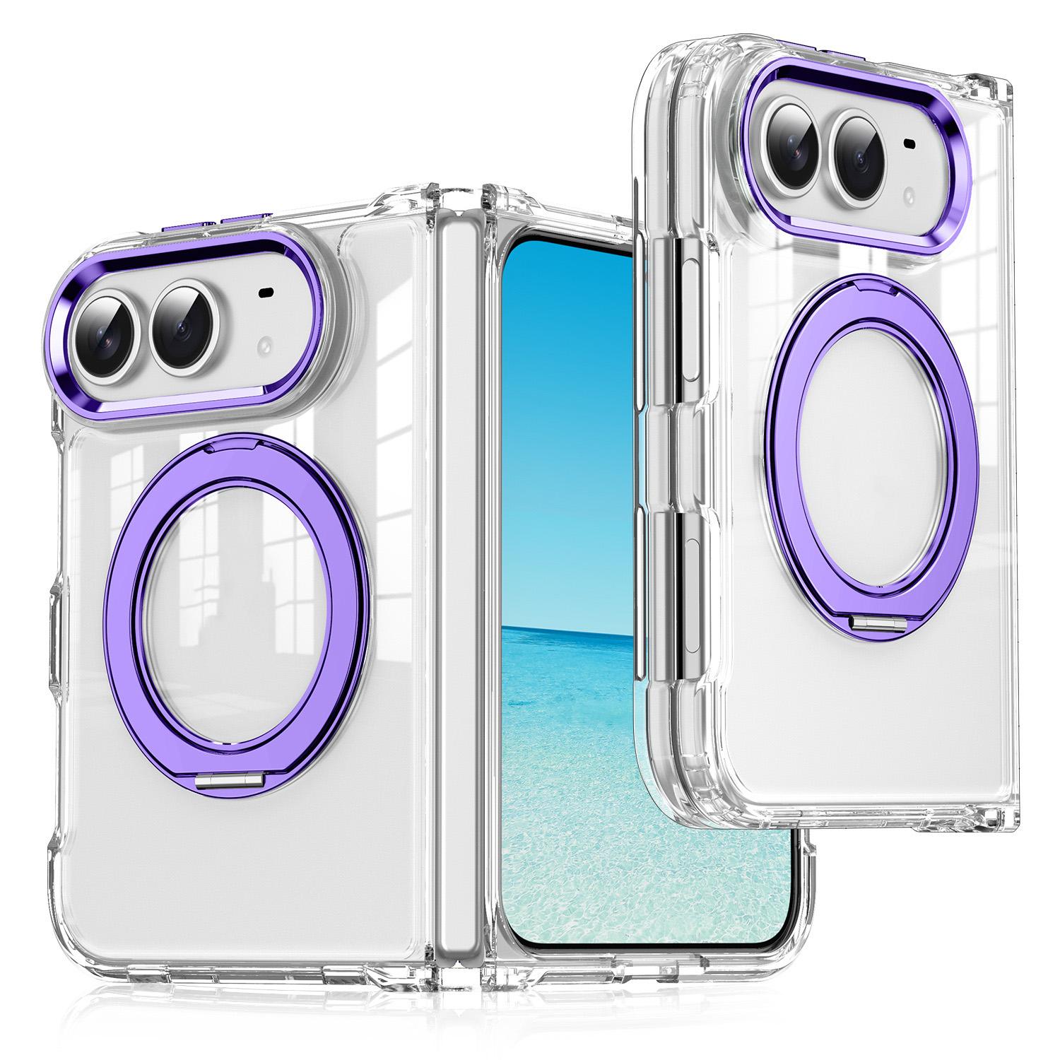 Compatible with iPhone Duo Four-corner Airbag Acrylic Transparent TPU Magnetic Phone Case with 360-degree Stand - Night Purple