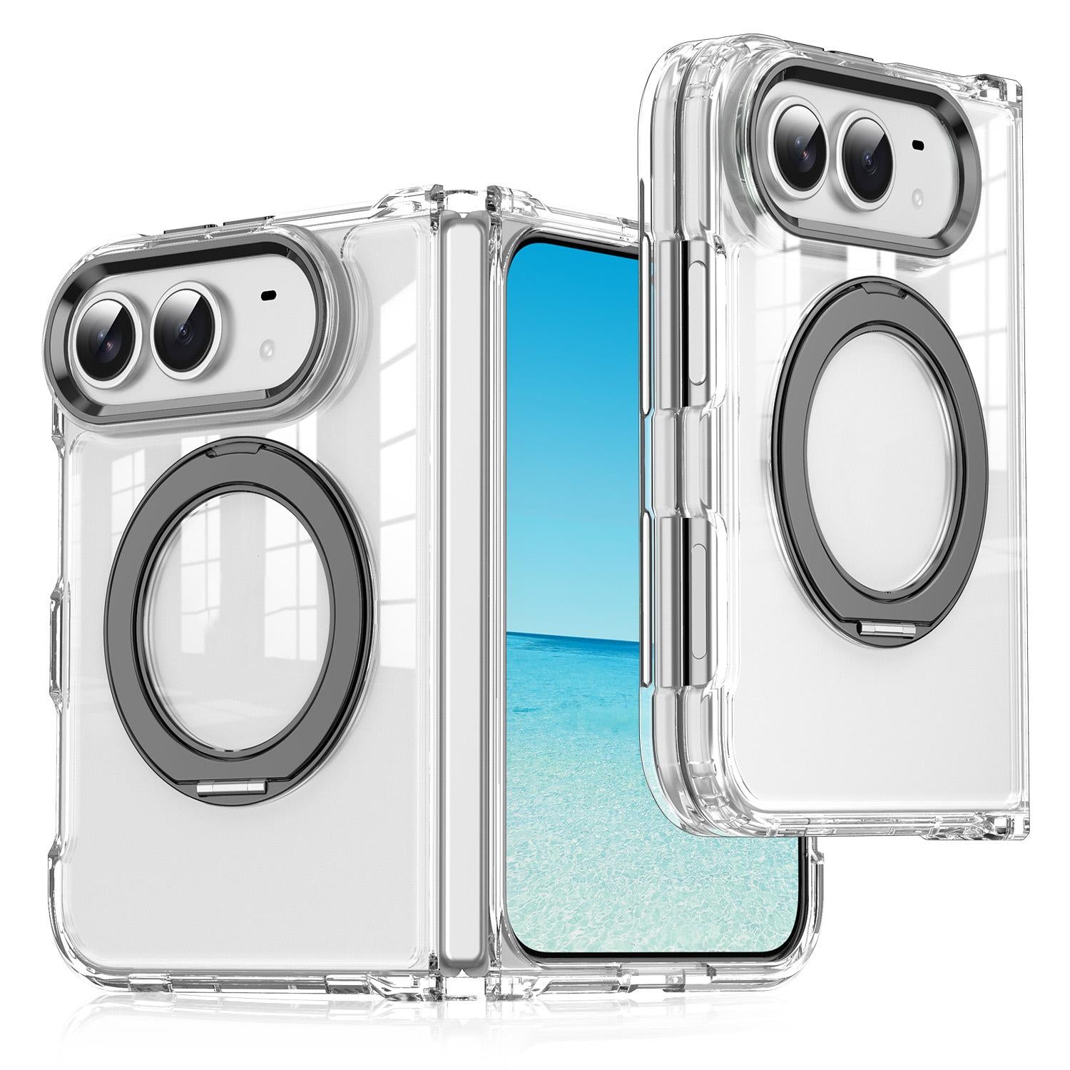 Compatible with iPhone Duo Four-corner Airbag Acrylic Transparent TPU Magnetic Phone Case with 360-degree Stand - Black