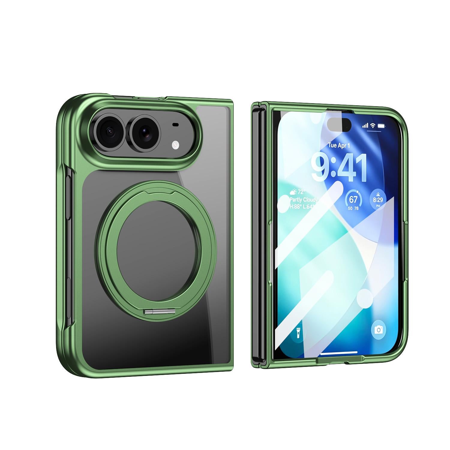 Compatible with iPhone Duo Clear Plated Magnetic Ring Holder Integrated Film Phone Case - Green