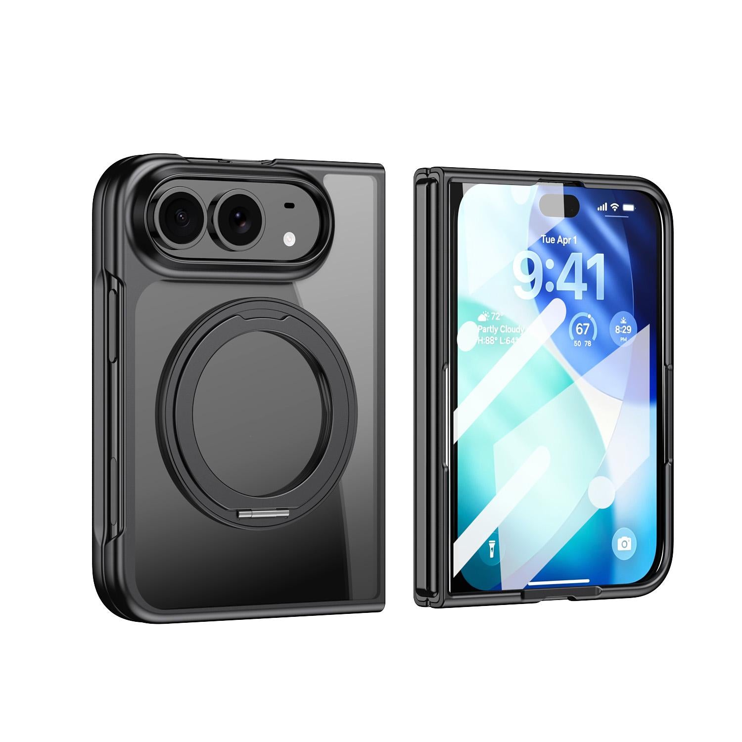 Compatible with iPhone Duo Clear Plated Magnetic Ring Holder Integrated Film Phone Case - Black