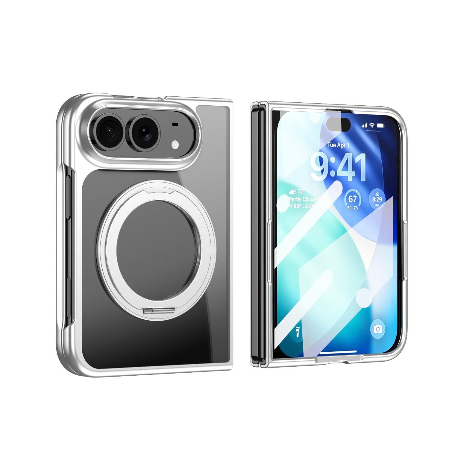 Compatible with iPhone Duo Clear Plated Magnetic Ring Holder Integrated Film Phone Case - Silver