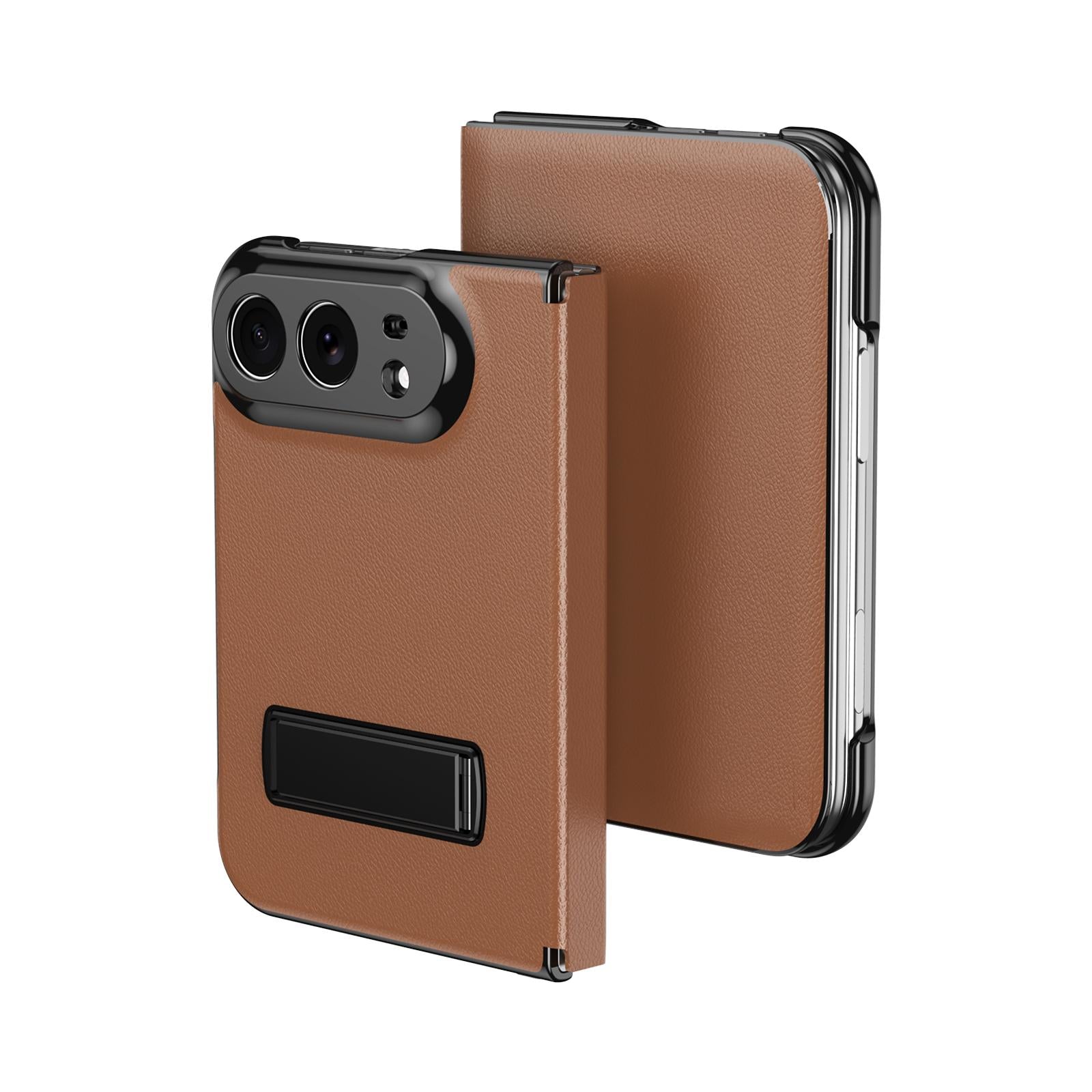 Compatible with iPhone Duo Flip Cover Folding Holder Vegan Leather Protective Phone Case - Brown