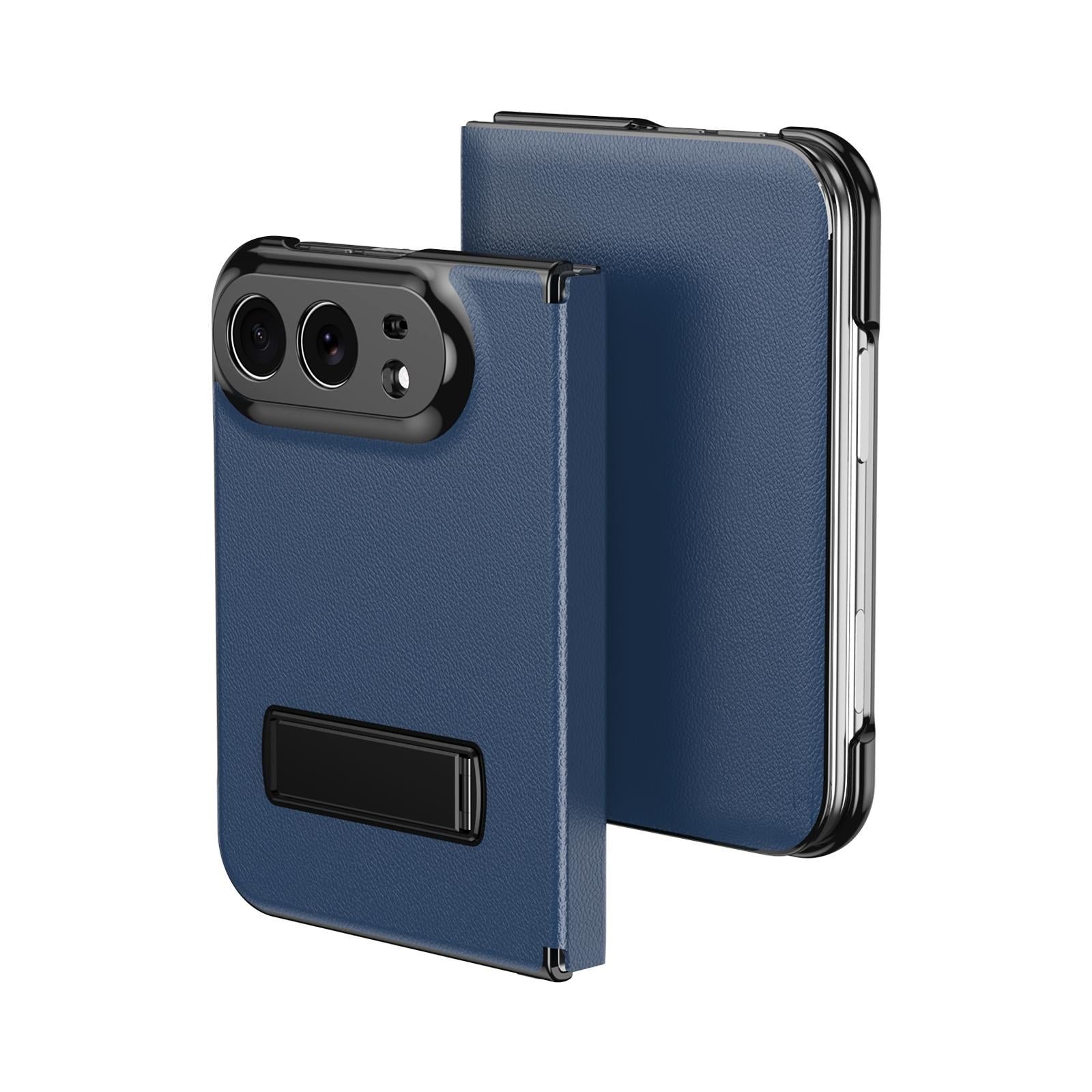 Compatible with iPhone Duo Flip Cover Folding Holder Vegan Leather Protective Phone Case - Navy Blue