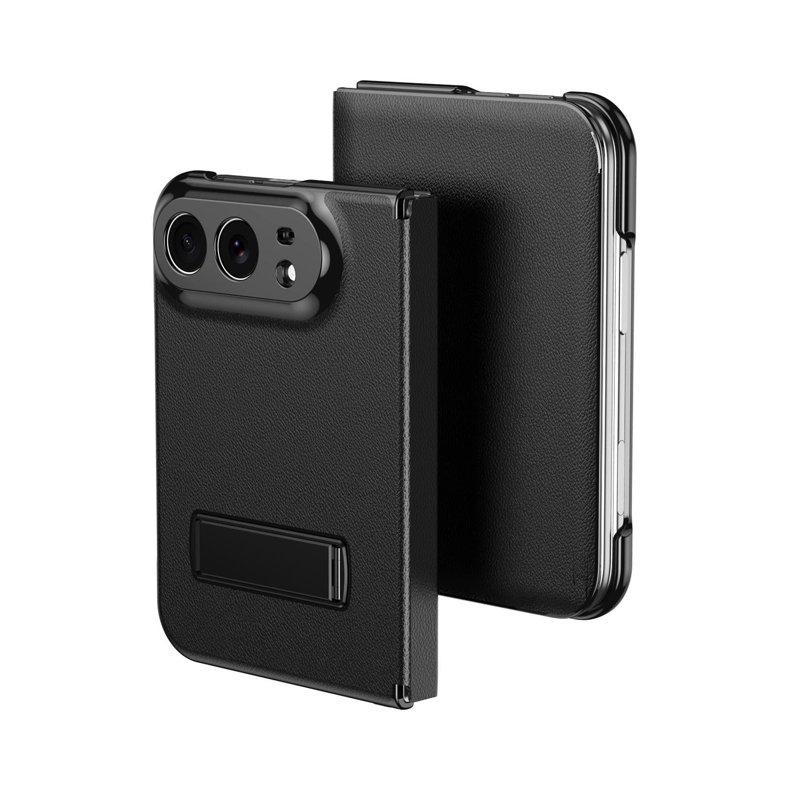 Compatible with iPhone Duo Flip Cover Folding Holder Vegan Leather Protective Phone Case - Black